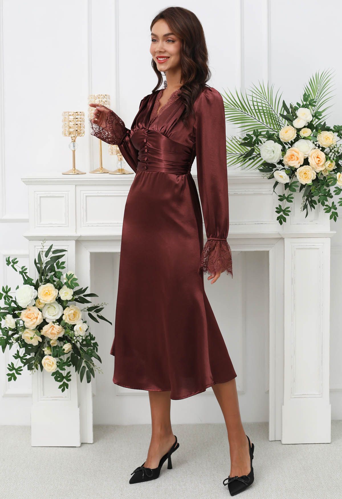 Lace Trim Ruched High Waist Satin Midi Dress in Burgundy