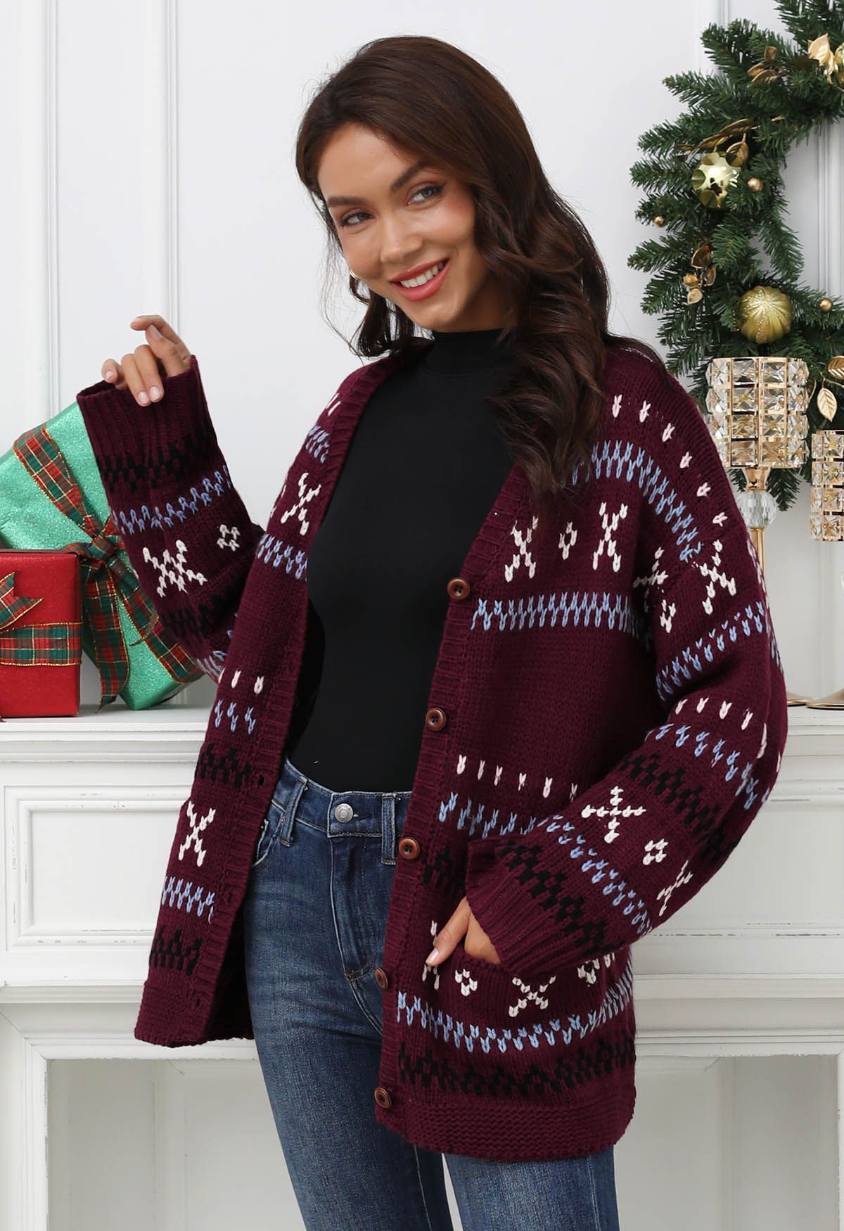 Cozy Fair Isle Button Down Knit Cardigan in Burgundy