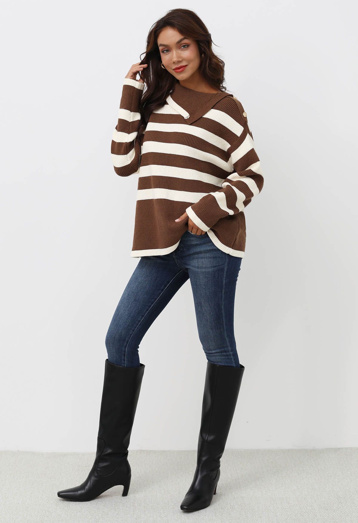 Buttoned Neck Striped Oversize Sweater in Brown