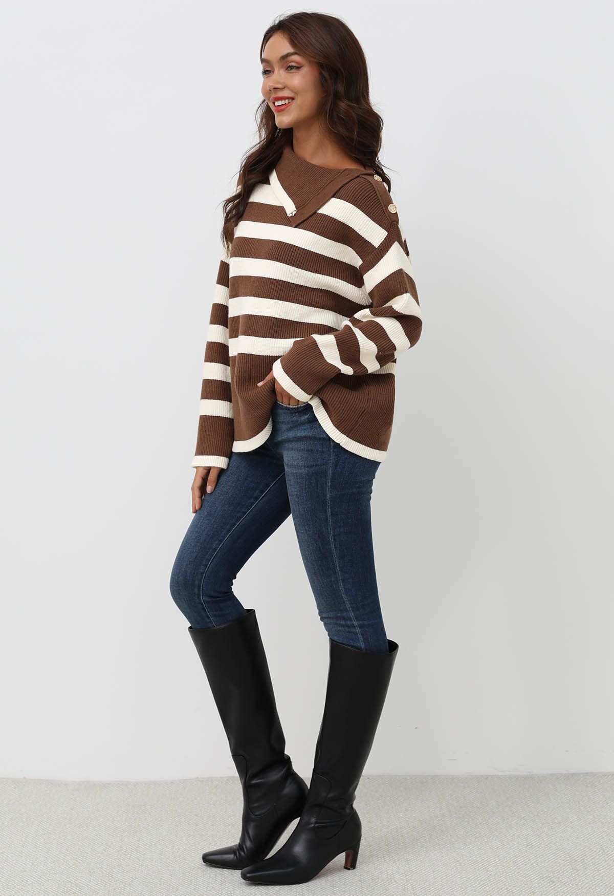 Buttoned Neck Striped Oversize Sweater in Brown