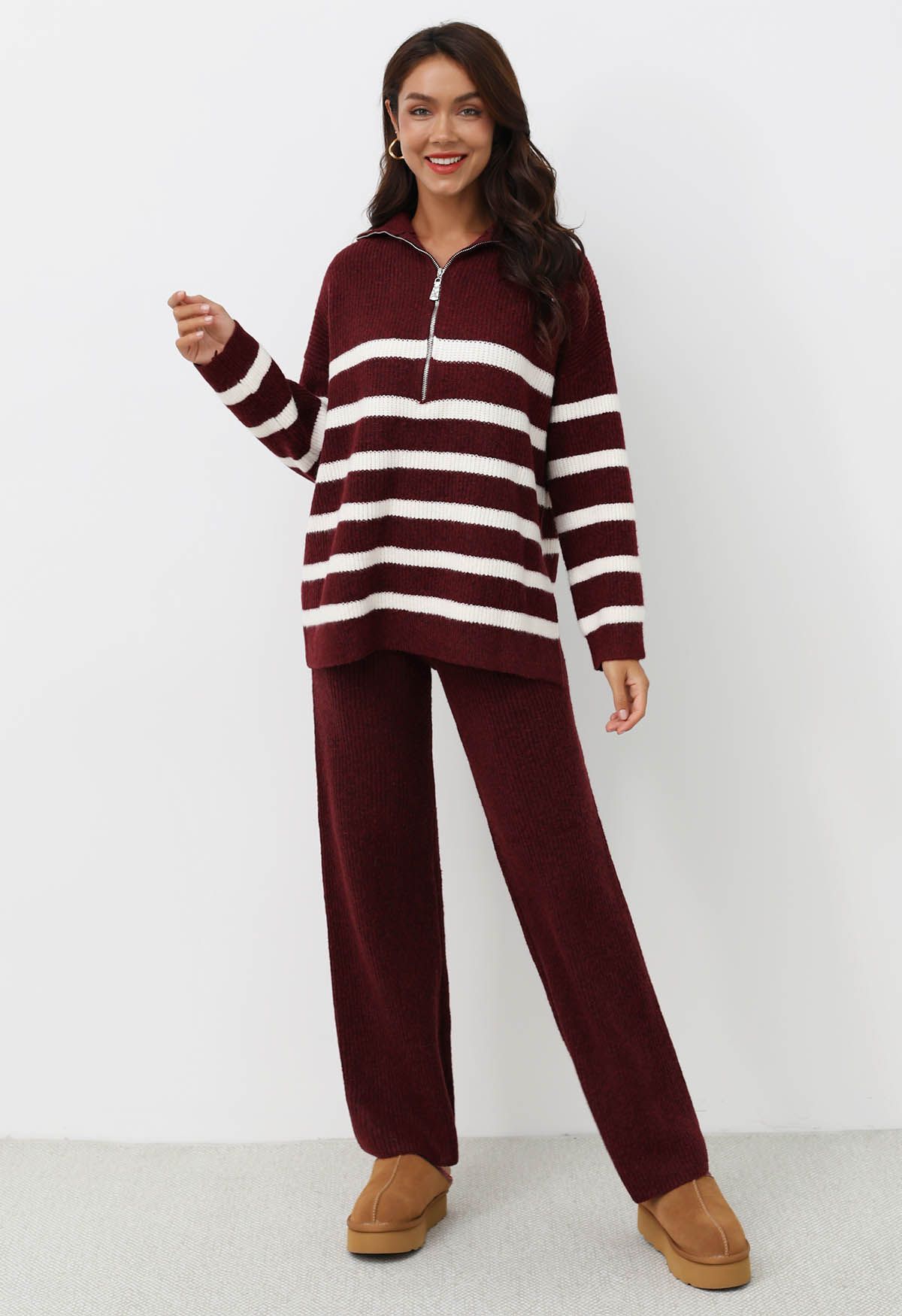 Burgundy Stripes Half-Zip Sweater and Pants Set