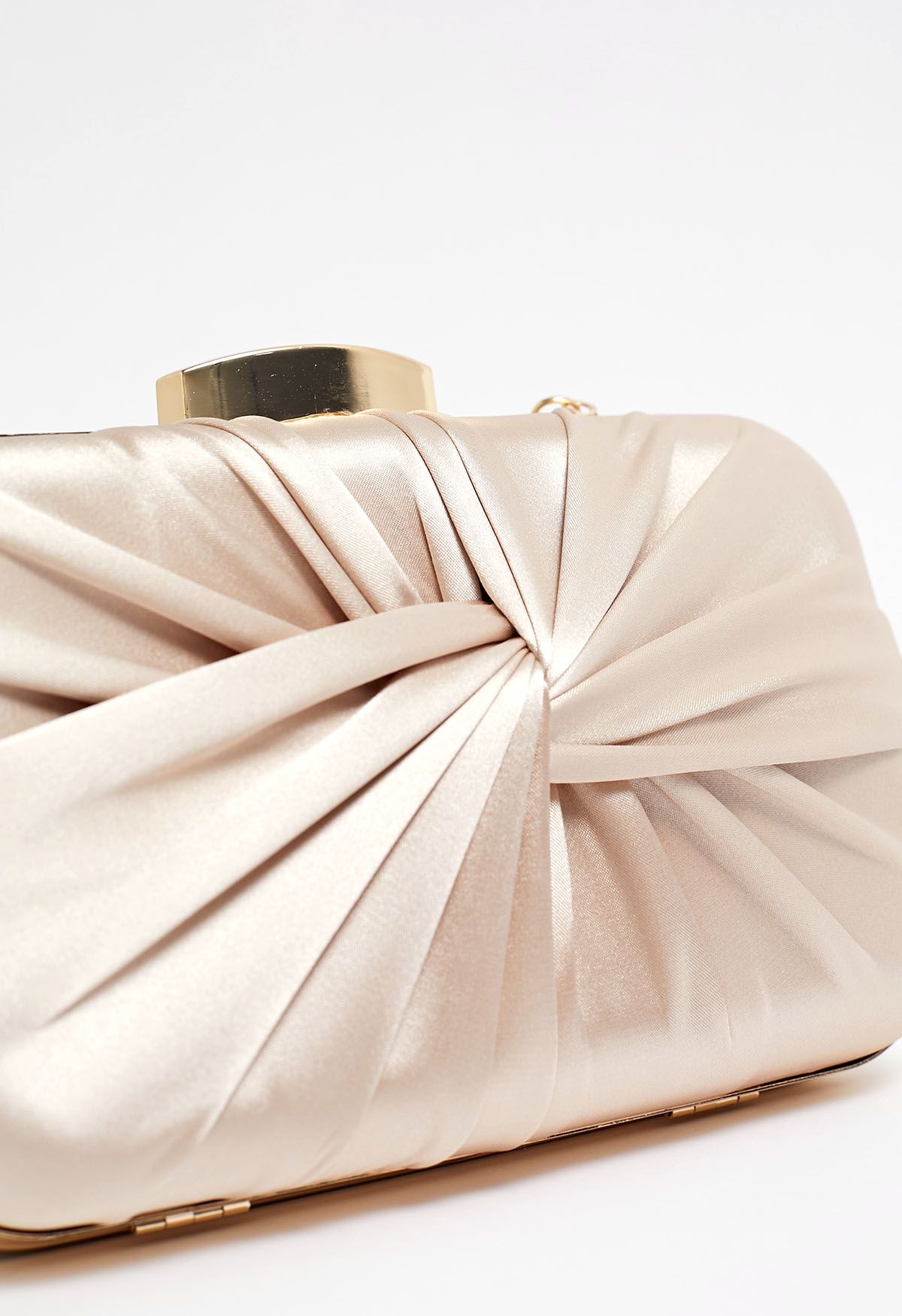 Ruched Knotted Satin Clutch in Champagne