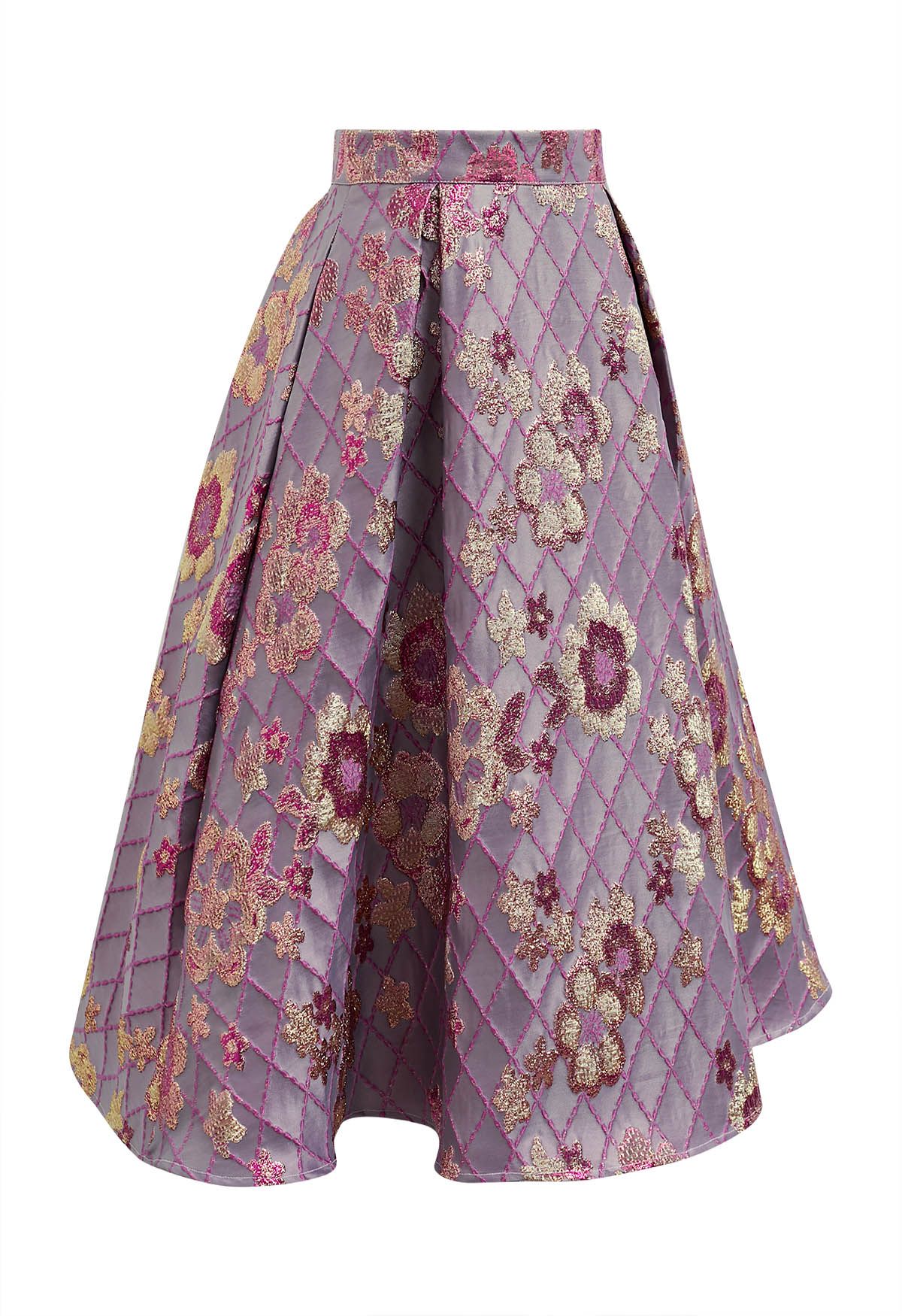 Falling Floral Grid Jacquard Midi Skirt in Lilac