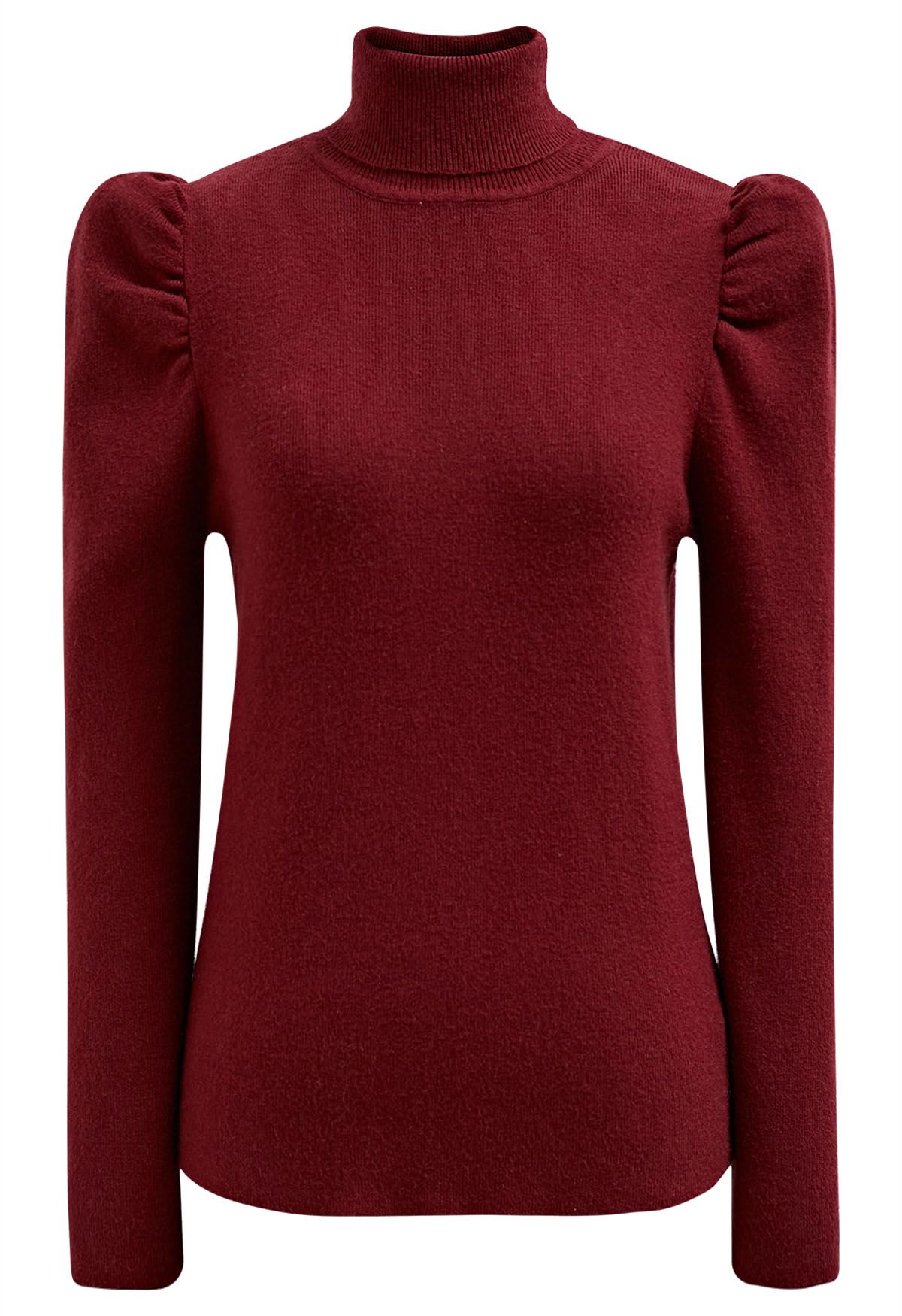 Turtleneck Gigot Sleeve Knit Top in Burgundy