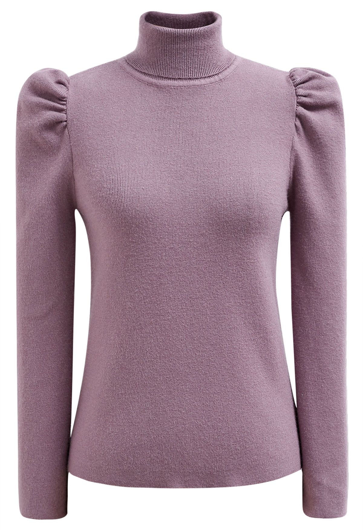 Turtleneck Gigot Sleeve Knit Top in Lilac