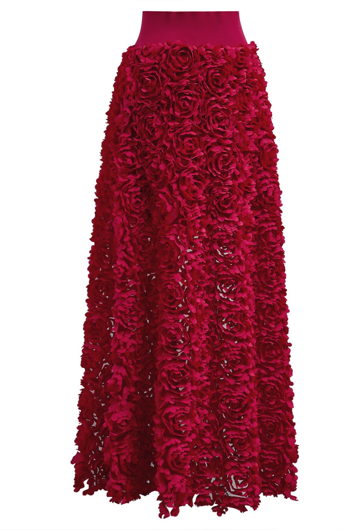 Rose Petal Embellished Mesh Maxi Skirt in Red