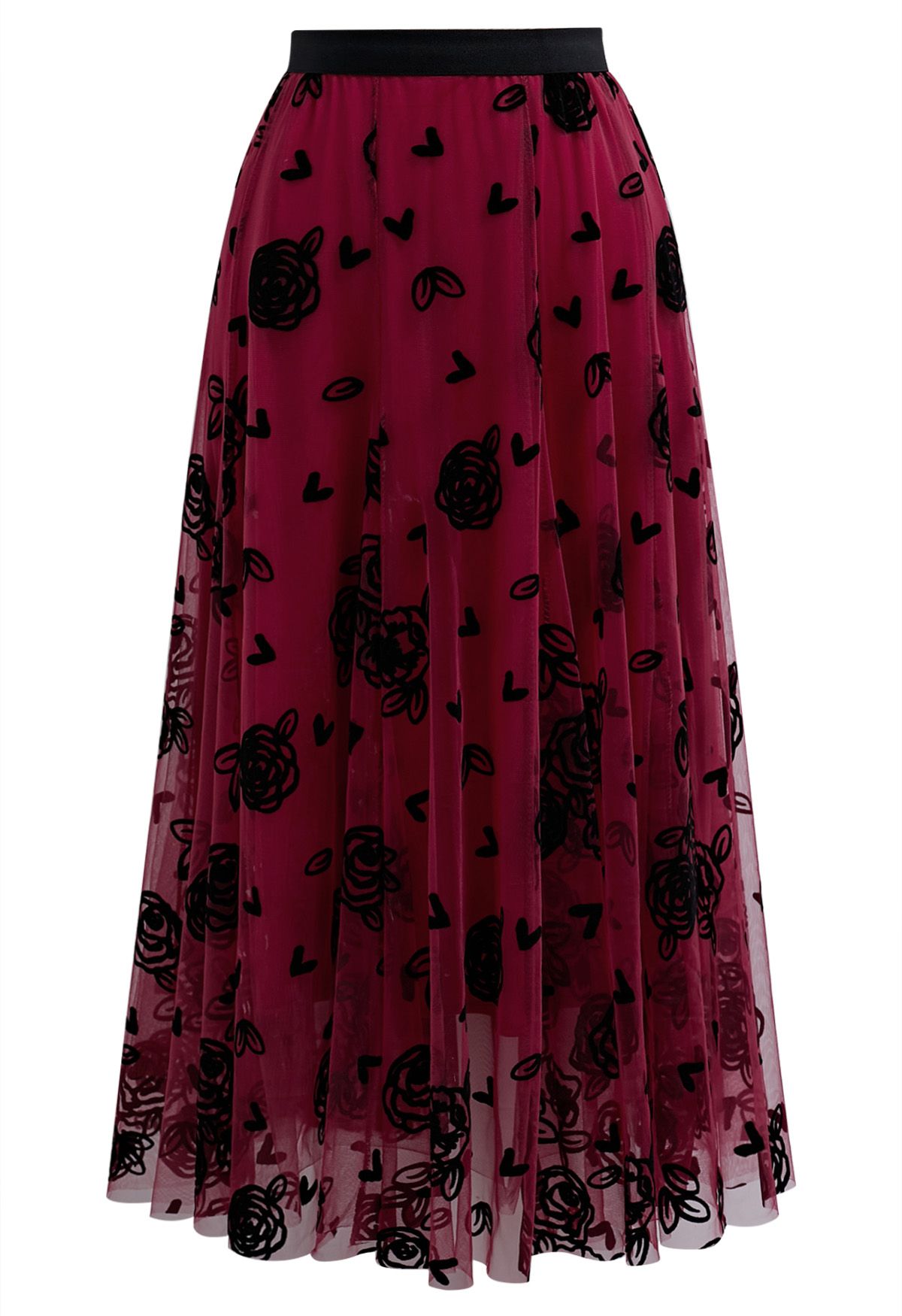 3D Rose and Heart Mesh Midi Skirt in Red