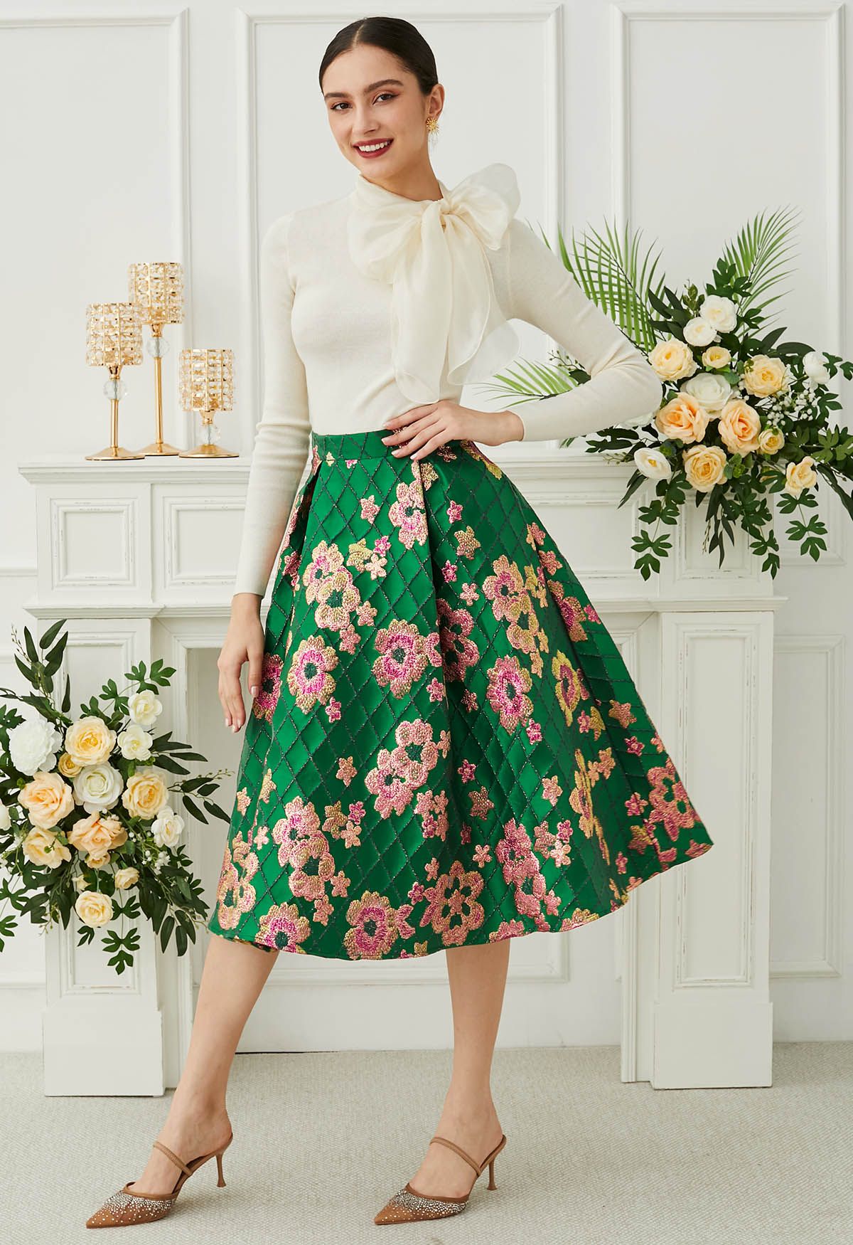 Falling Floral Grid Jacquard Midi Skirt in Green