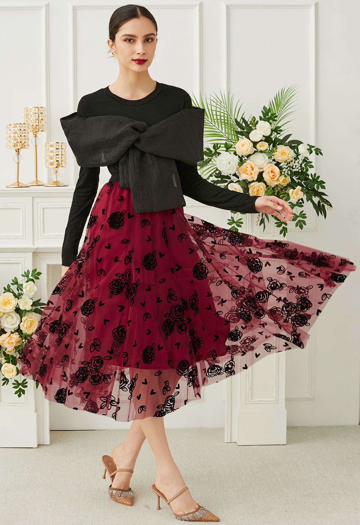 3D Rose and Heart Mesh Midi Skirt in Red