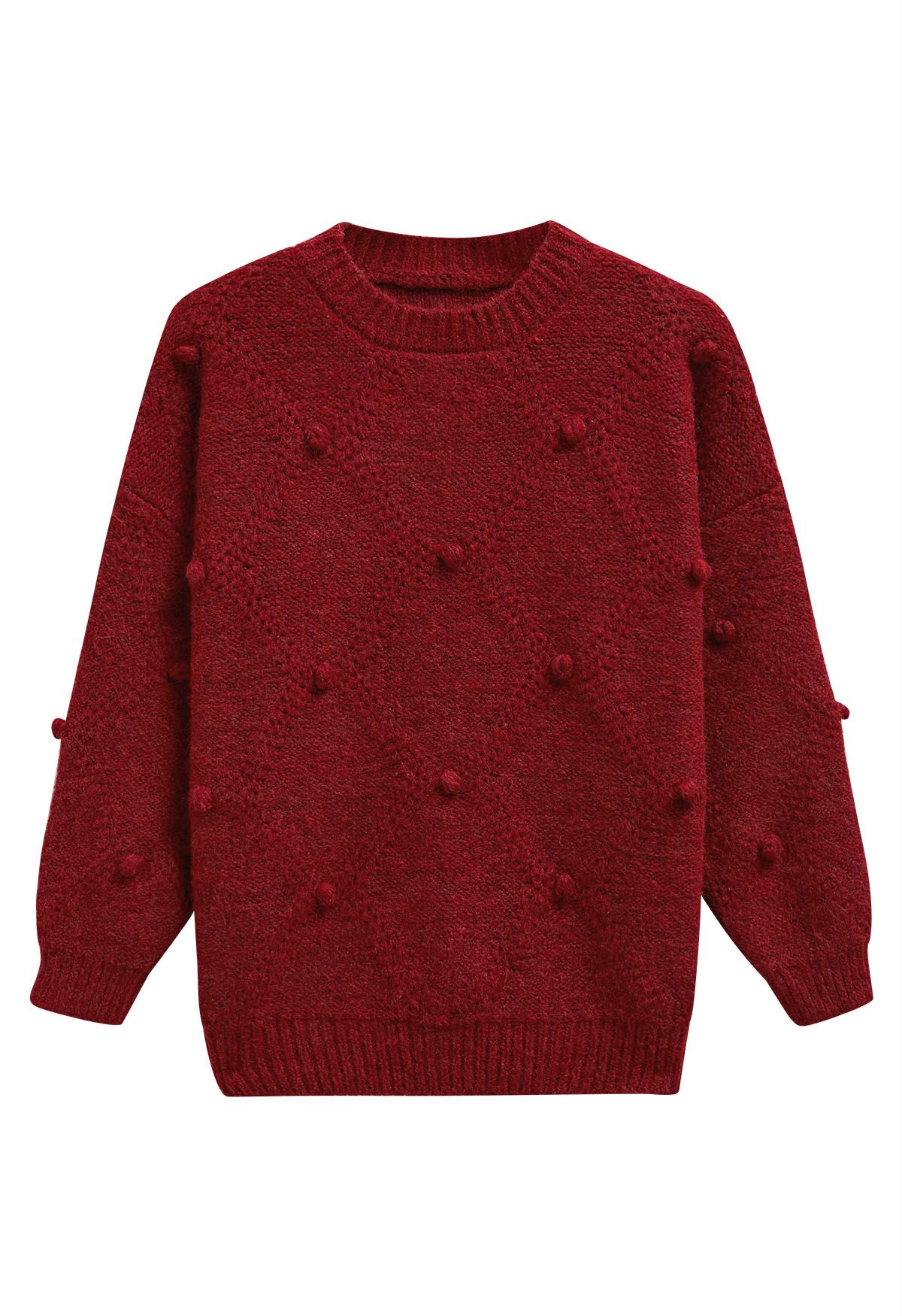 Diamond Pom-Pom Knit Sweater in Red