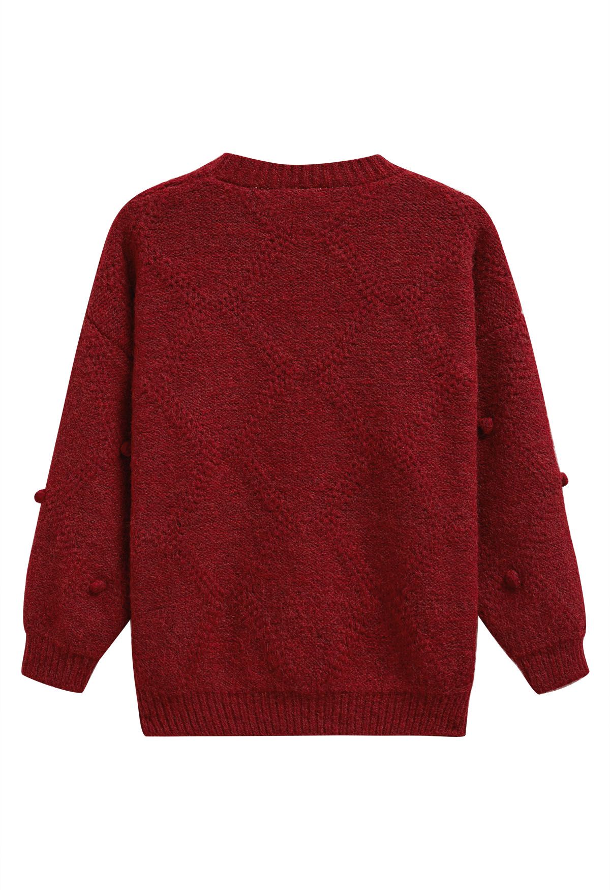 Diamond Pom-Pom Knit Sweater in Red