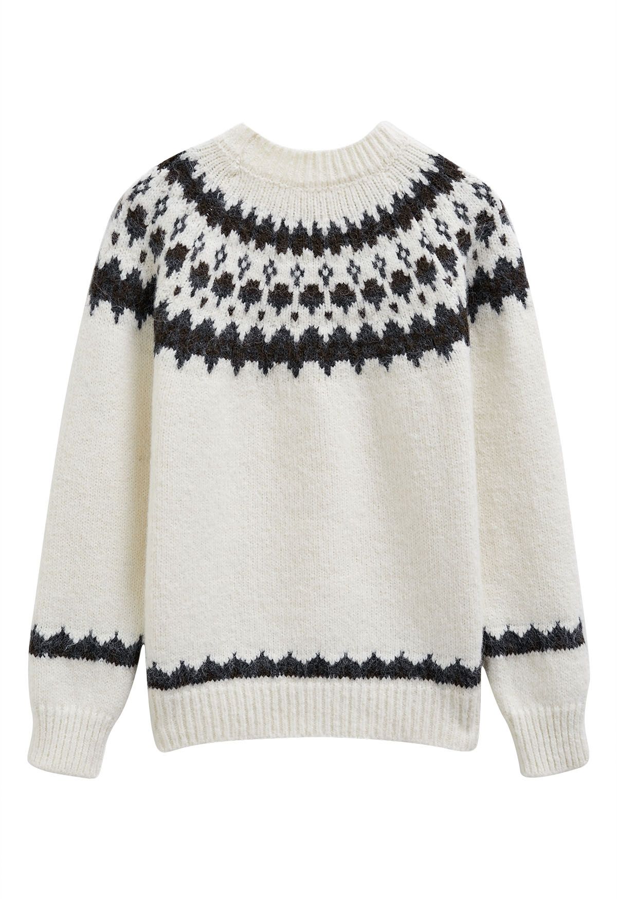 Alpine-Inspired Fair Isle Fuzzy Knit Sweater