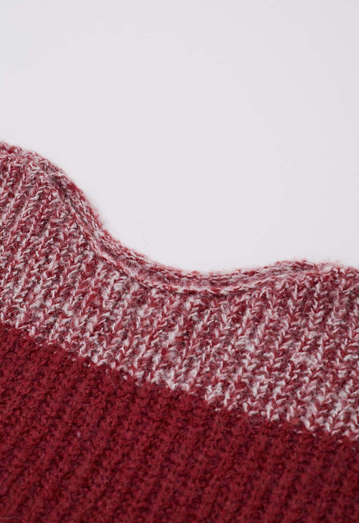 Fuzzy Contrast Stripe Ribbed Knit Sweater in Red