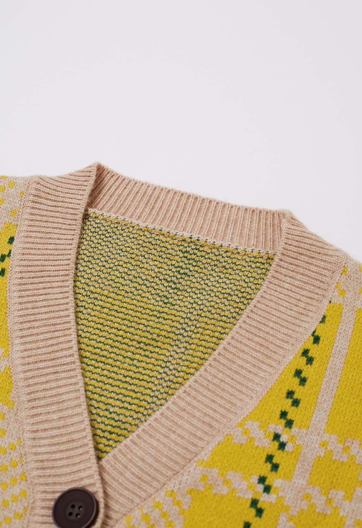 Chromatic Sleeve Button Down Crop Knit Cardigan in Yellow