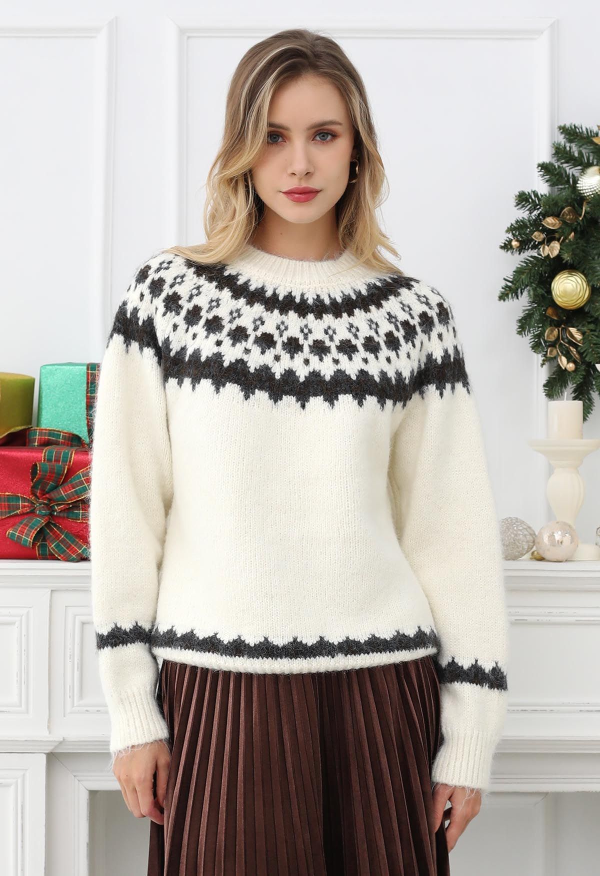 Alpine-Inspired Fair Isle Fuzzy Knit Sweater