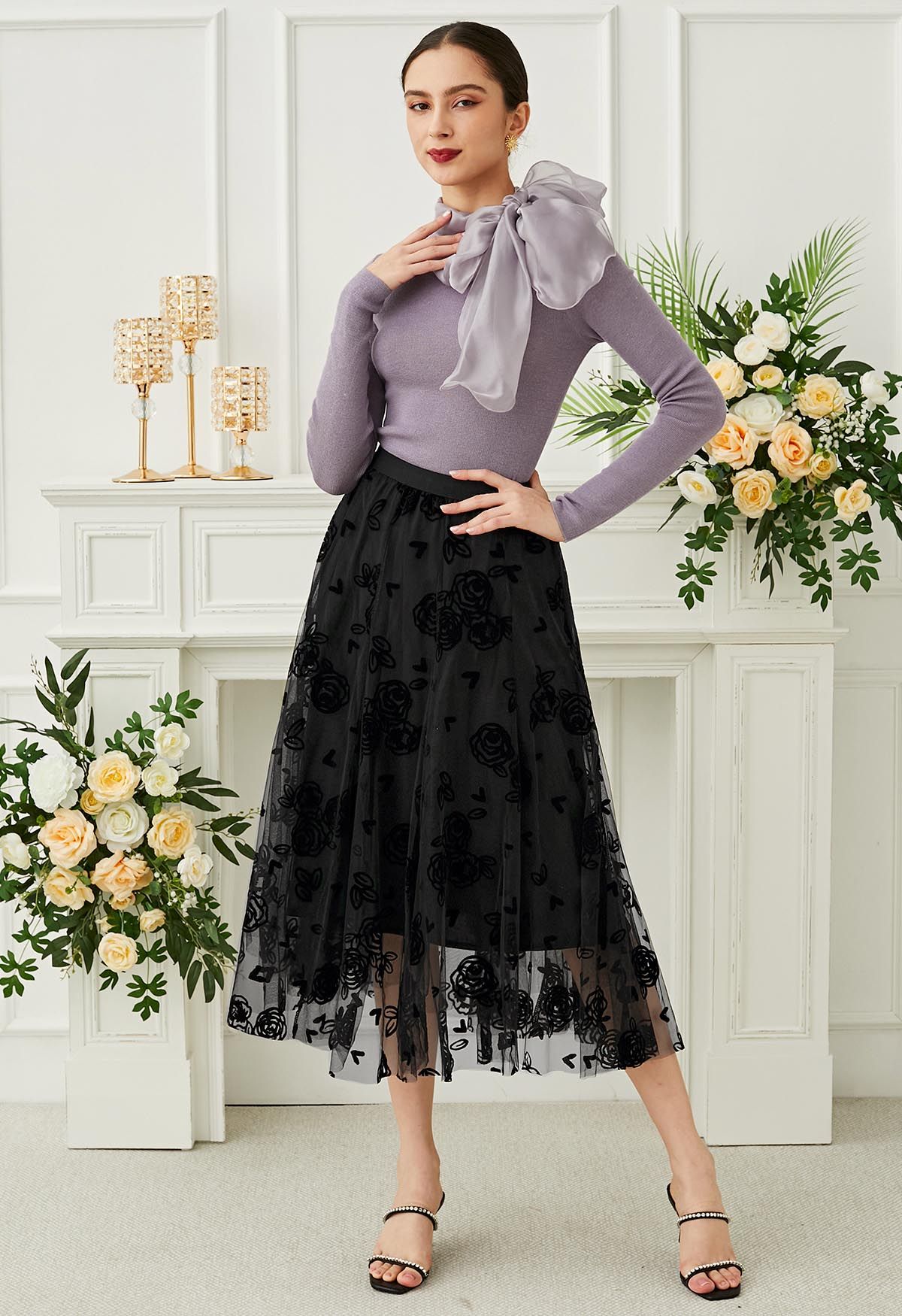 3D Rose and Heart Mesh Midi Skirt in Black