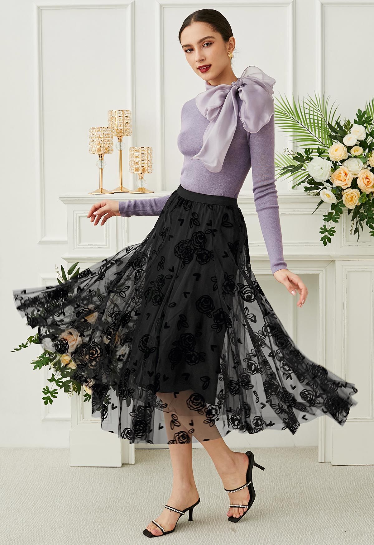 3D Rose and Heart Mesh Midi Skirt in Black