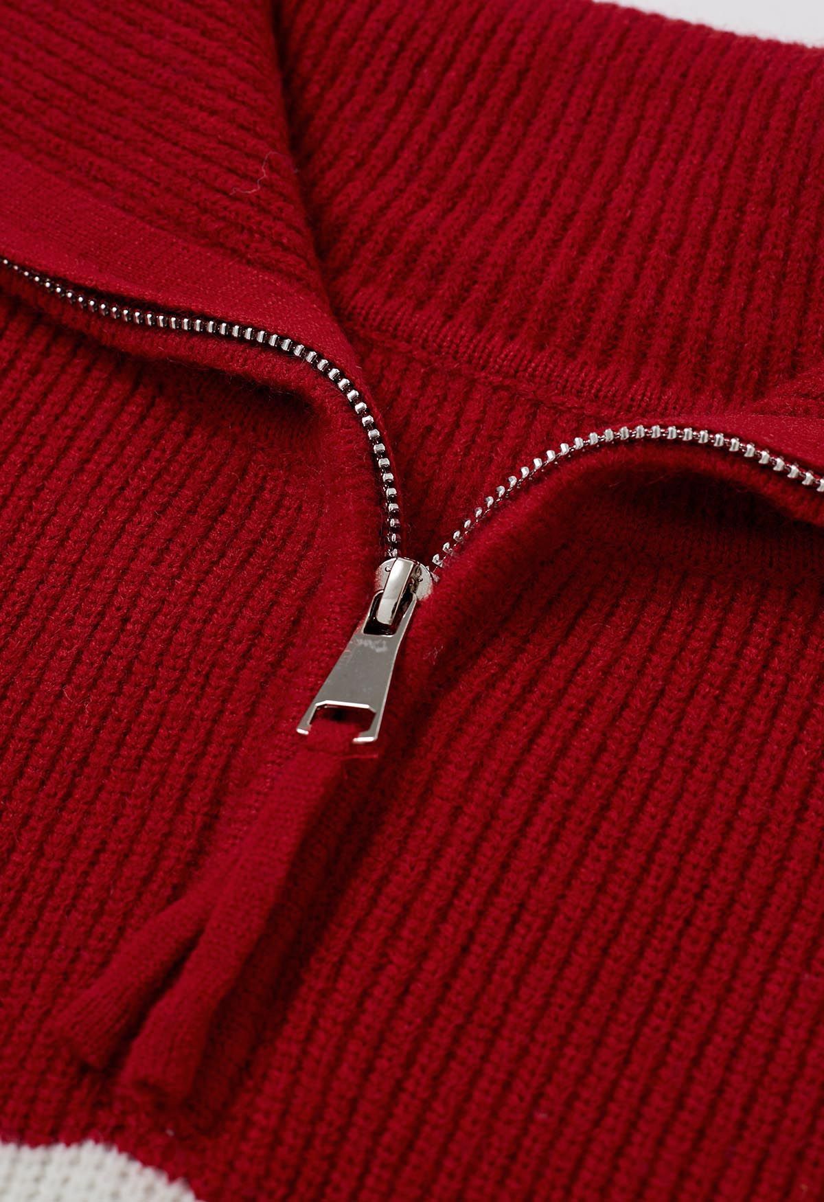 Flap Collar Zipper Neck Striped Knit Sweater in Red