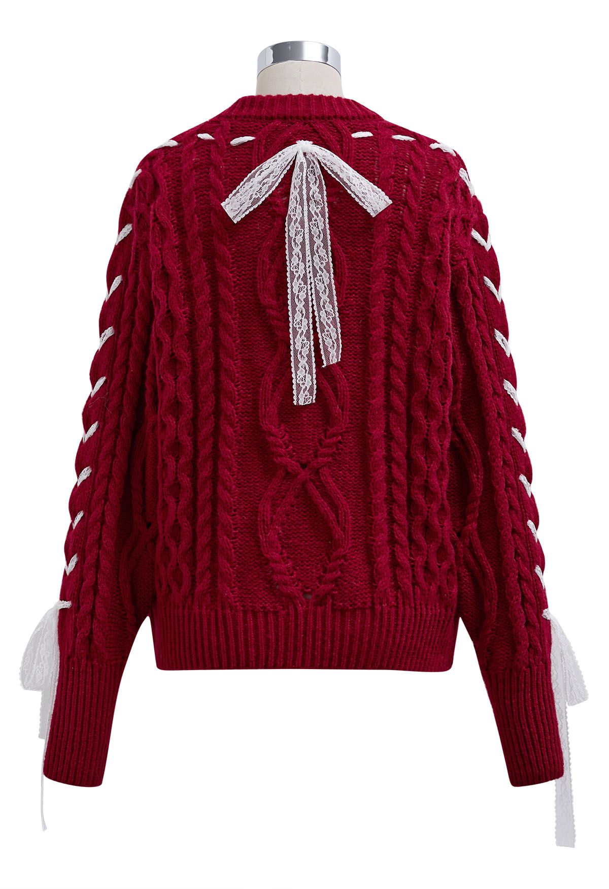 Lace Ribbon Lace-Up Cable Knit Sweater