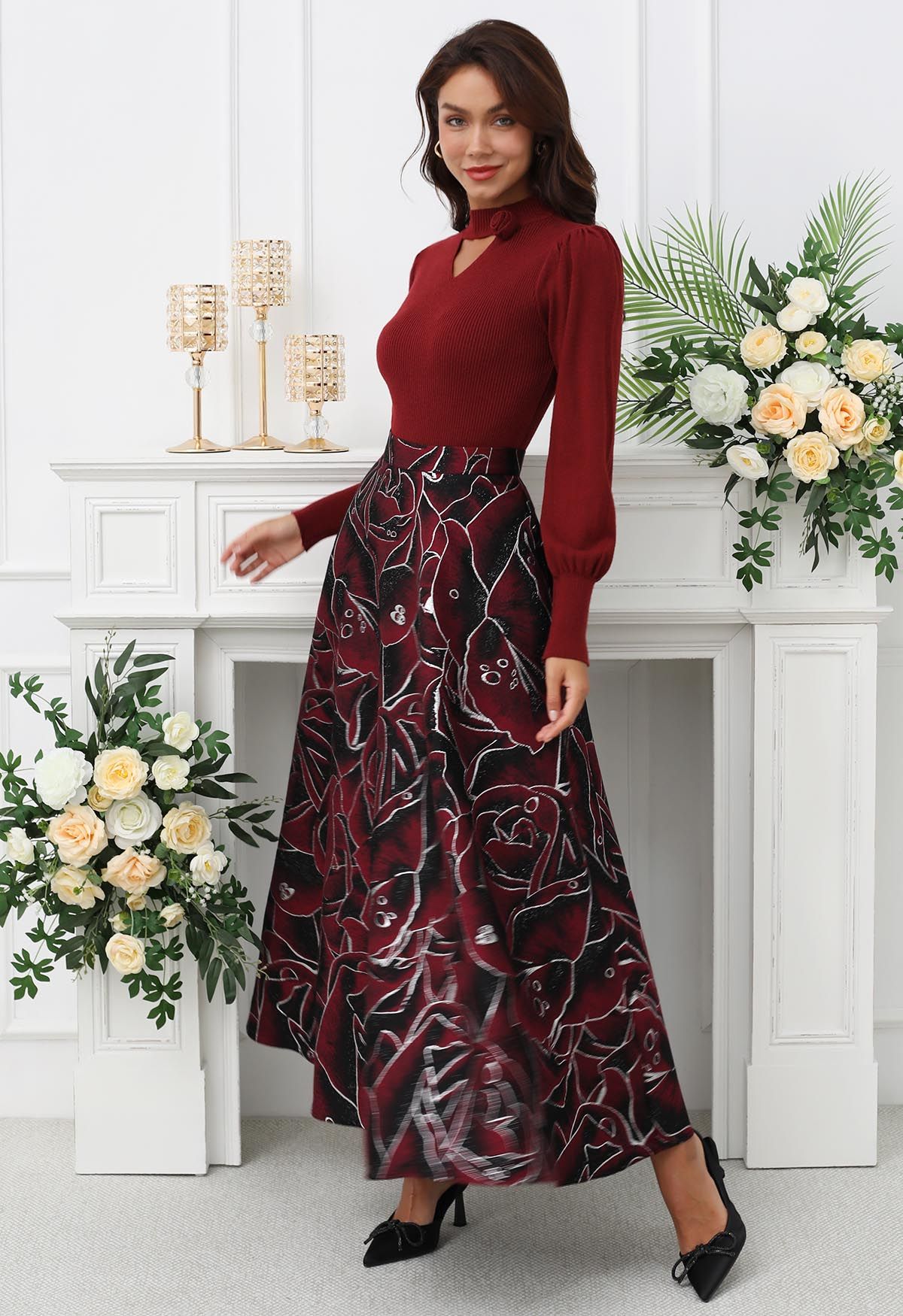 Abstract Rose Jacquard A-Line Maxi Skirt