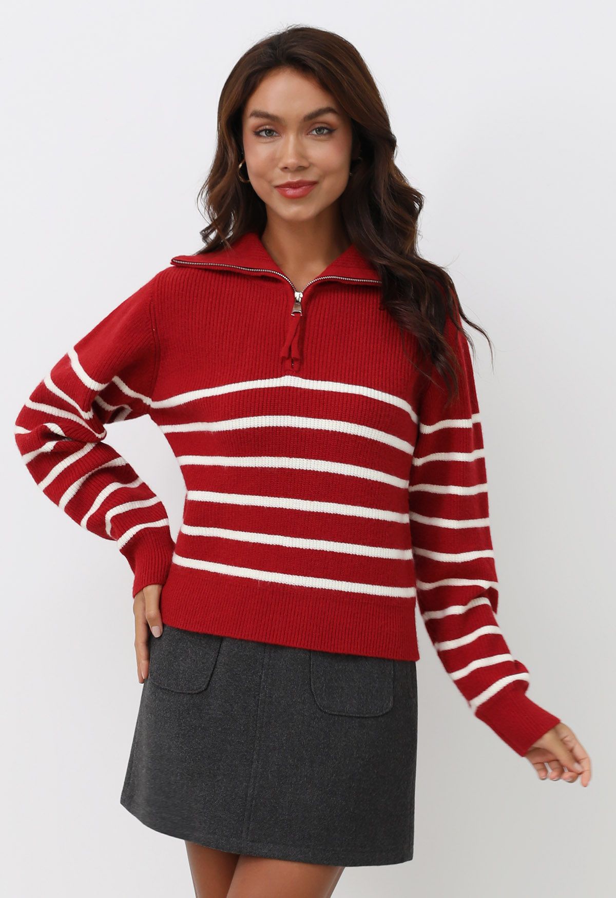 Flap Collar Zipper Neck Striped Knit Sweater in Red