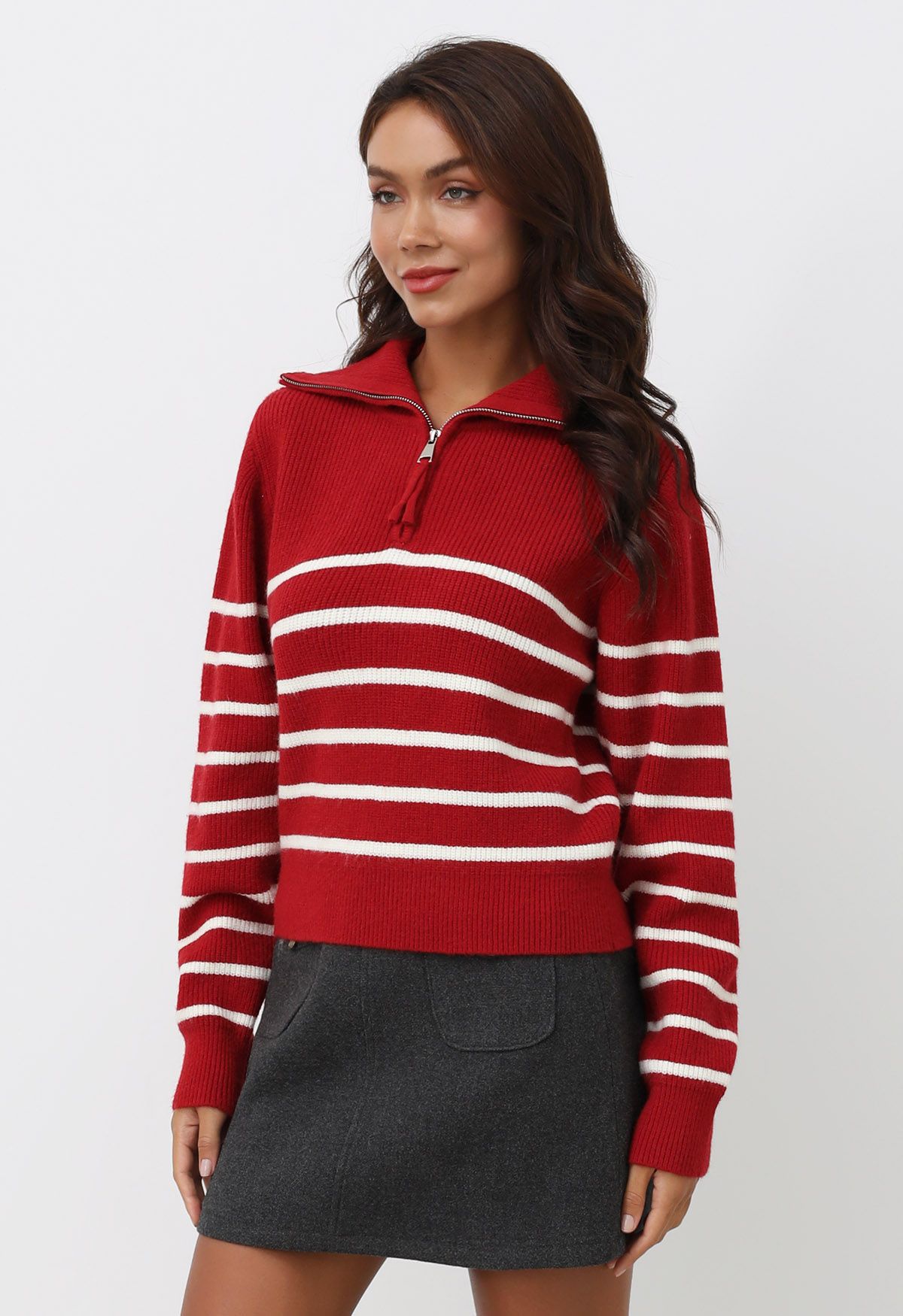 Flap Collar Zipper Neck Striped Knit Sweater in Red