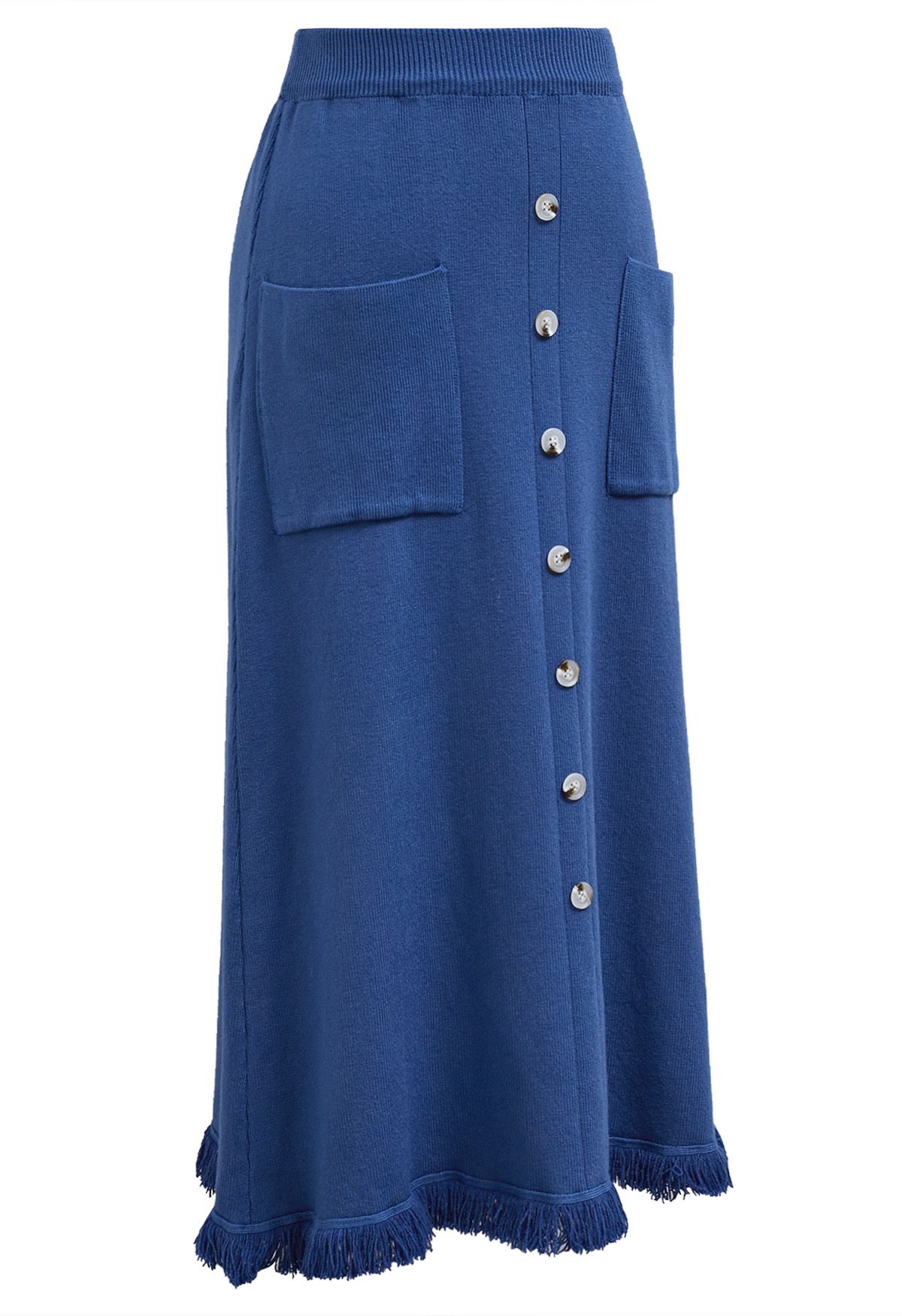 Button Trim Fringe Hem Knit Midi Skirt in Indigo