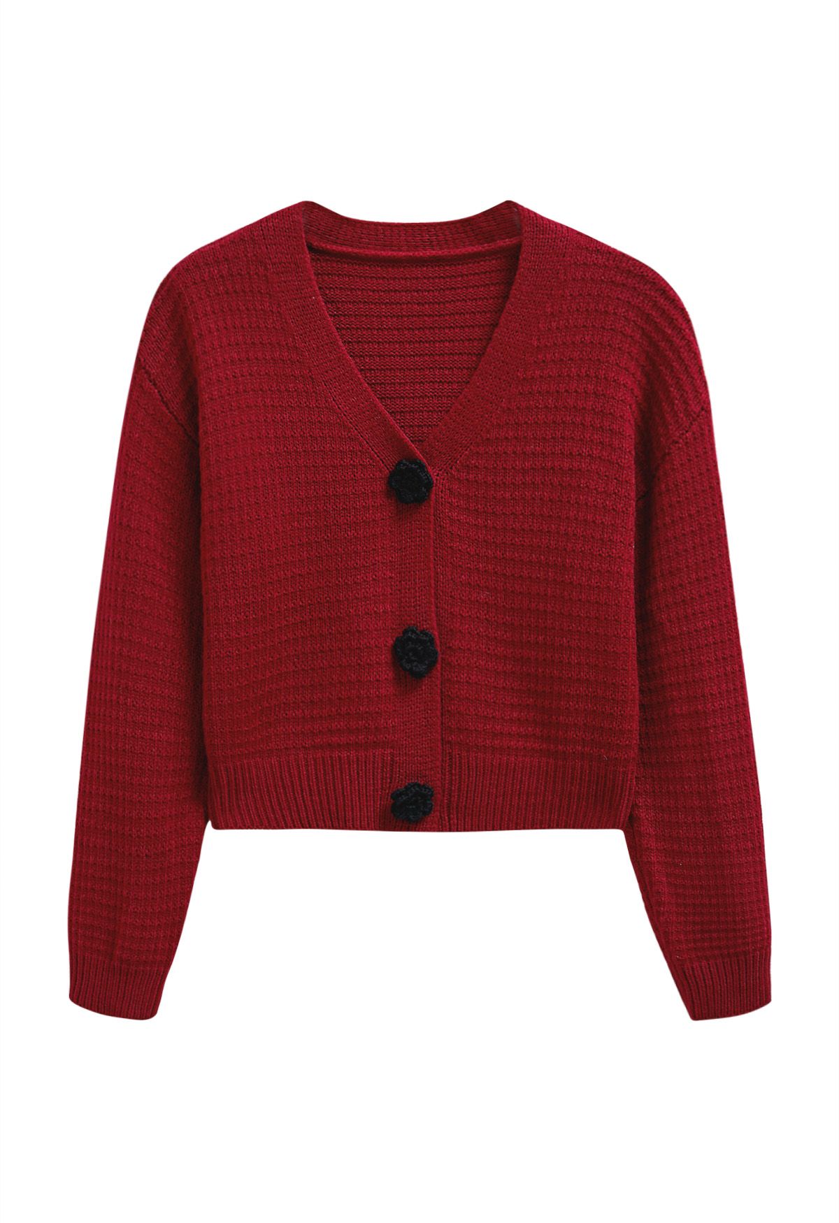 Stitch Rose Buttoned Crop Knit Cardigan in Red