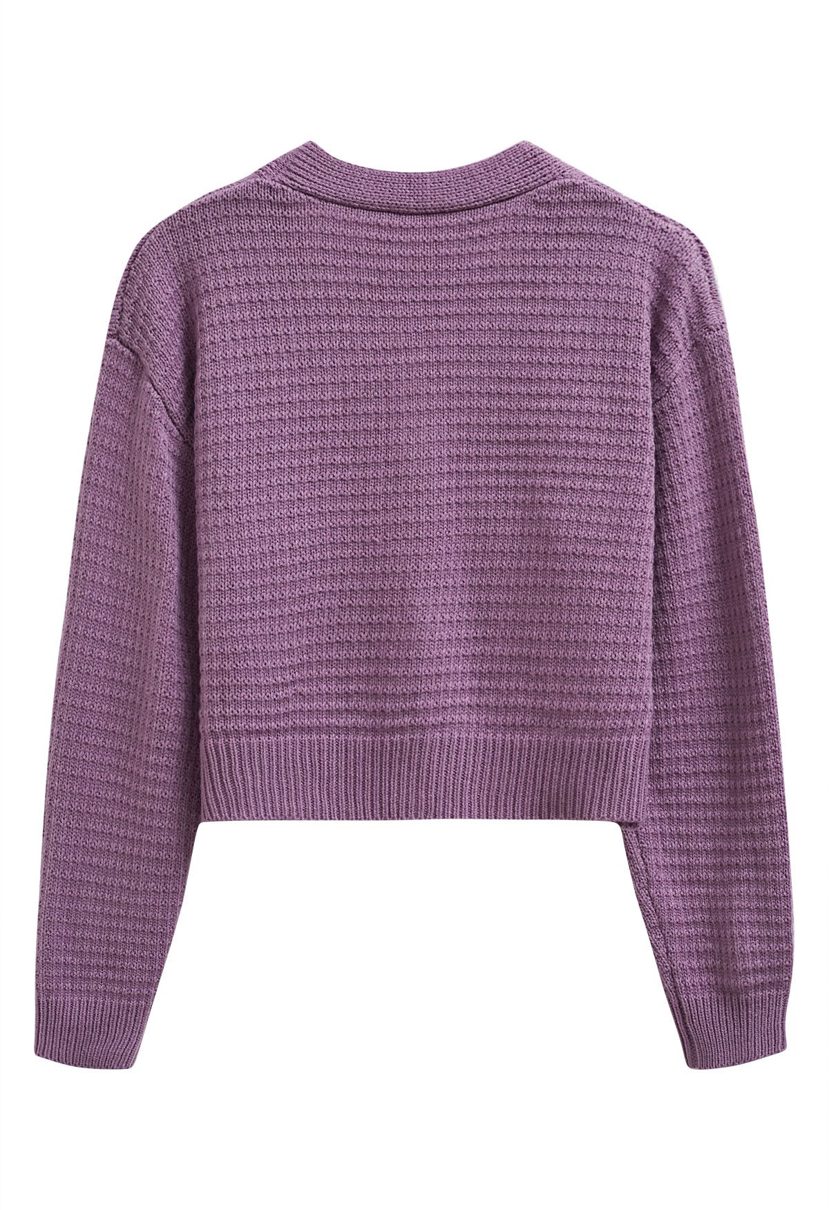 Stitch Rose Buttoned Crop Knit Cardigan in Lilac