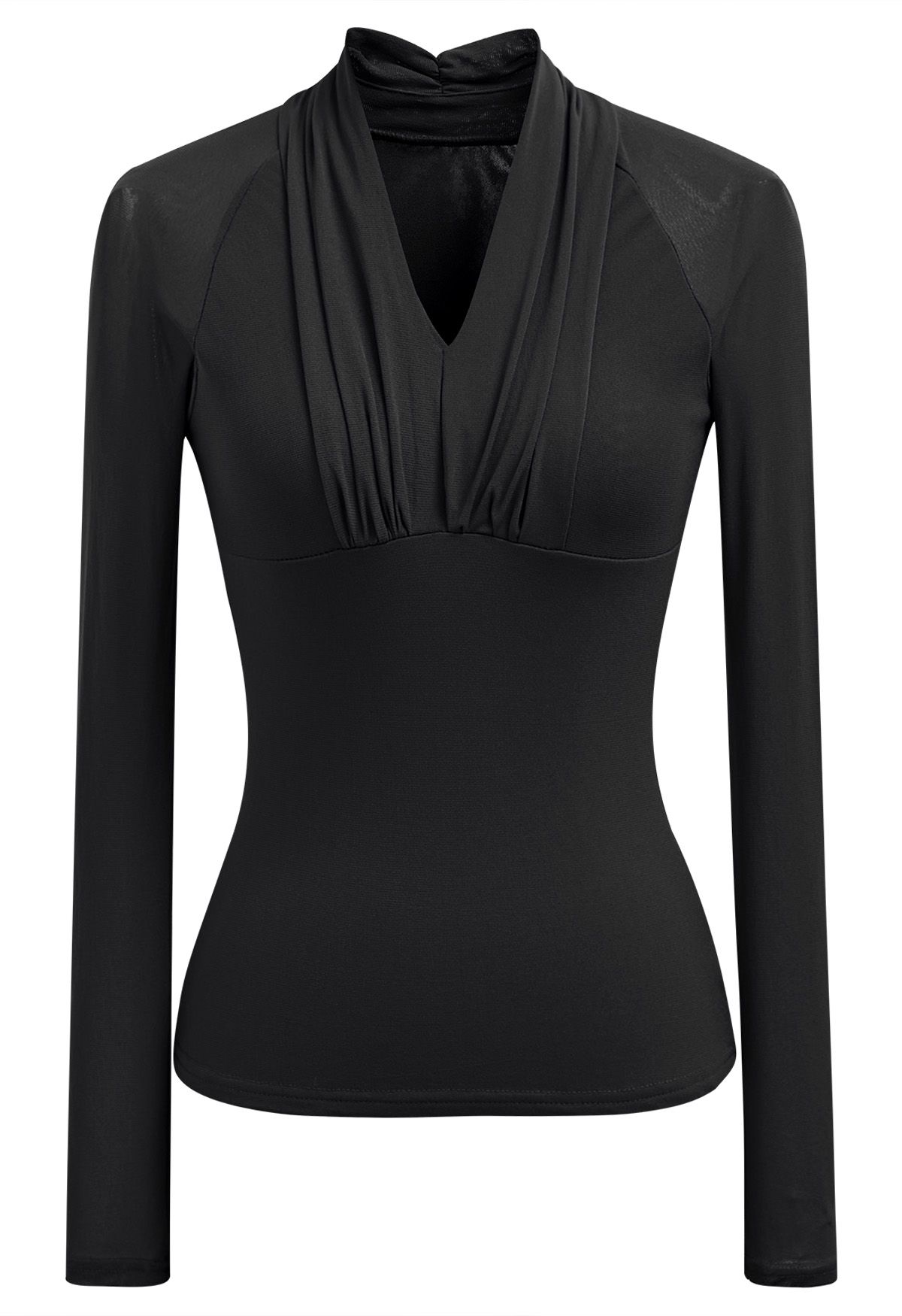 Ruched V-Neck Double-Layered Mesh Top in Black