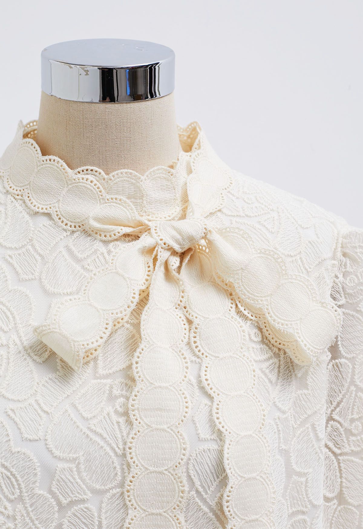 Scalloped Bowknot Neckline Embroidery Mesh Top