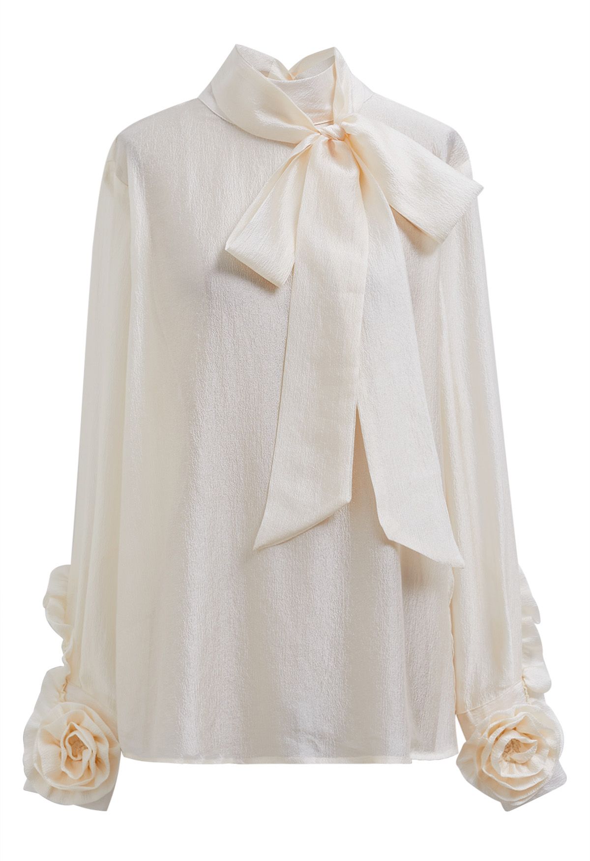 Bowknot Neckline Rose Cuff Sheer Top in Cream