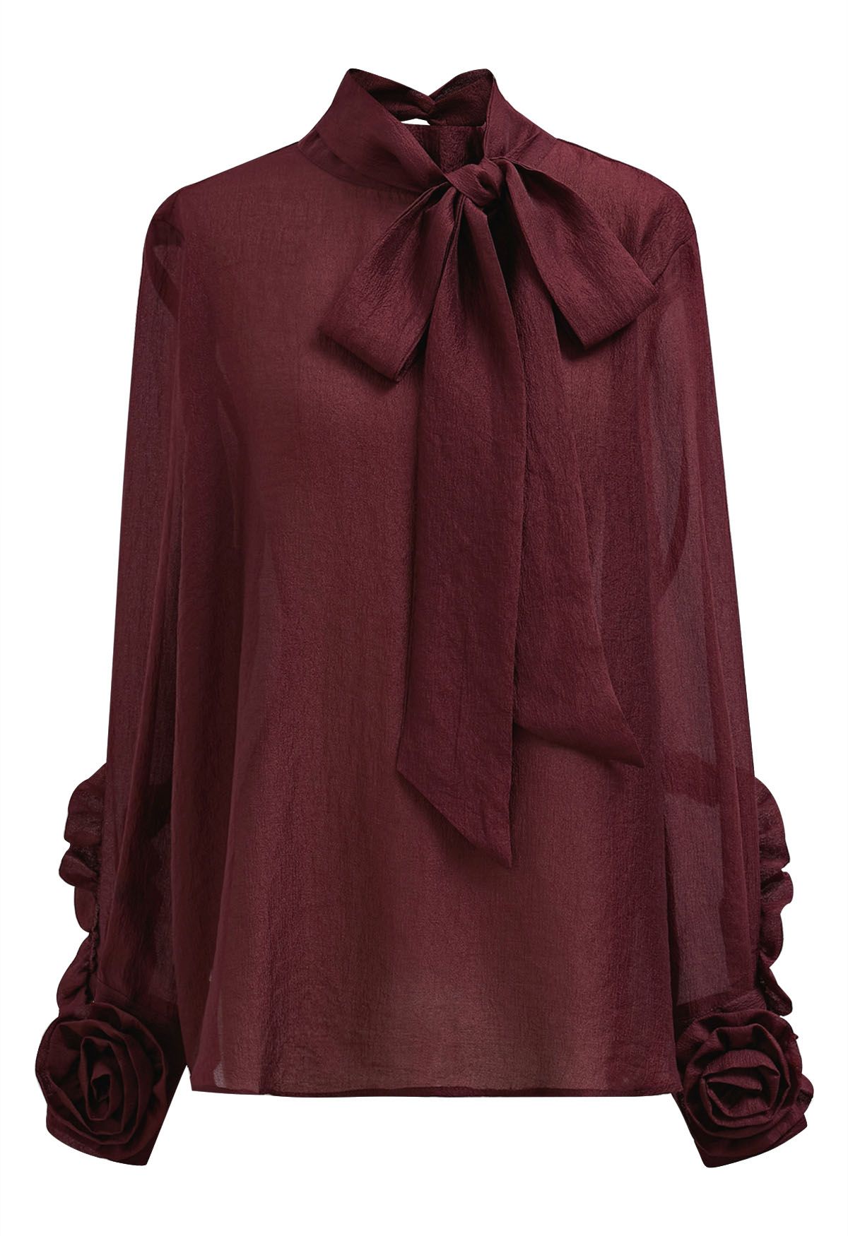 Bowknot Neckline Rose Cuff Sheer Top in Burgundy