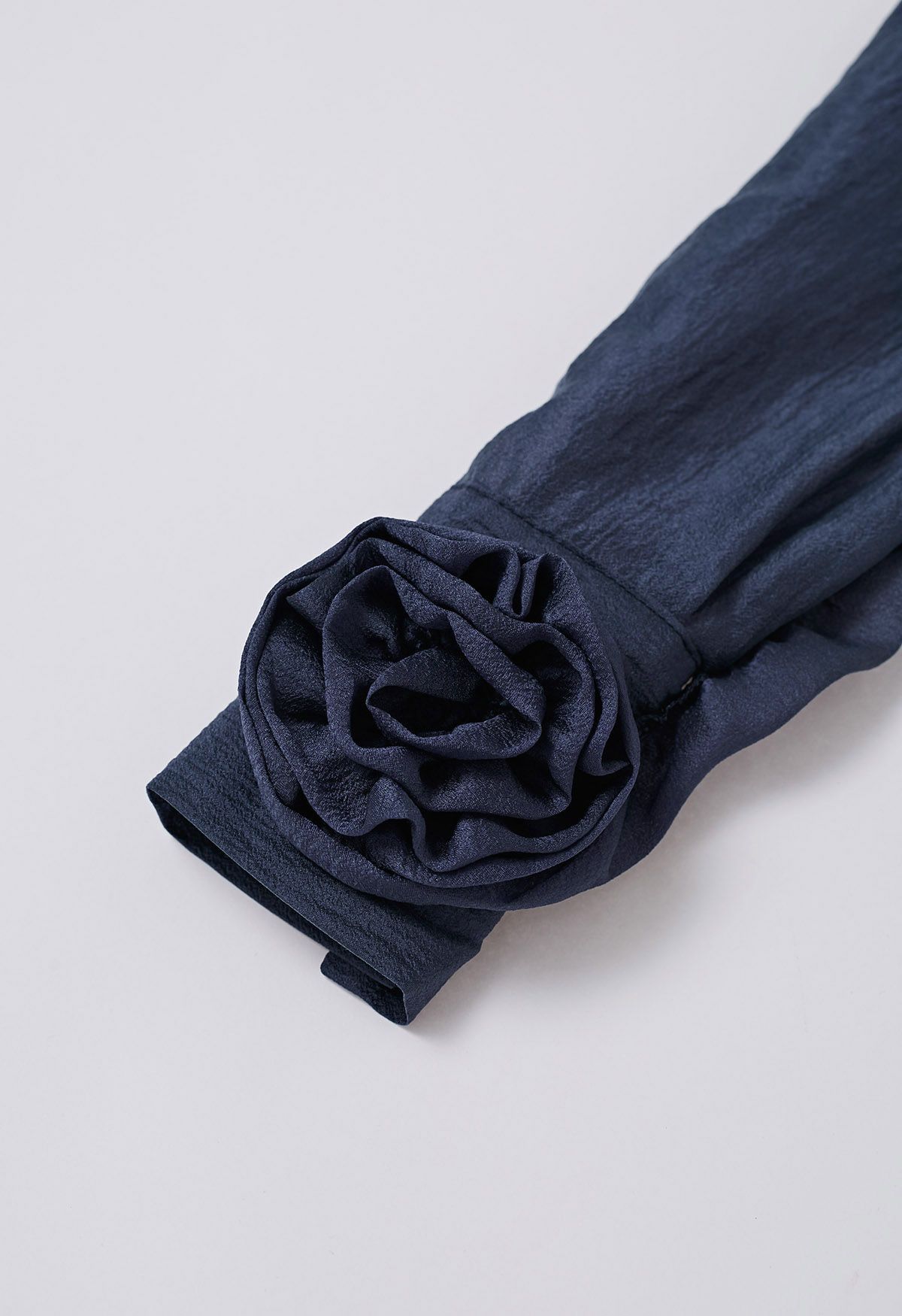 Bowknot Neckline Rose Cuff Sheer Top in Navy