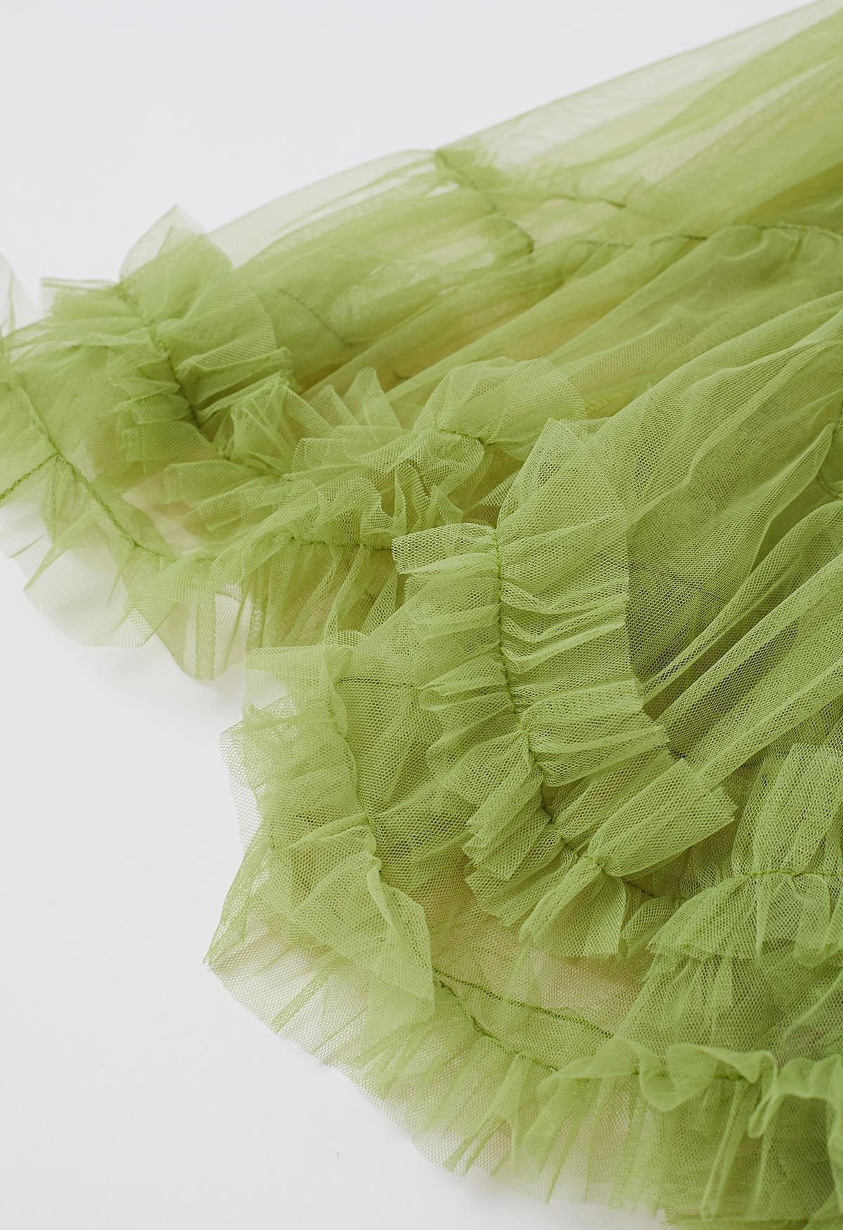 Ruffle Hem Double-Layered Mesh Maxi Skirt in Lime