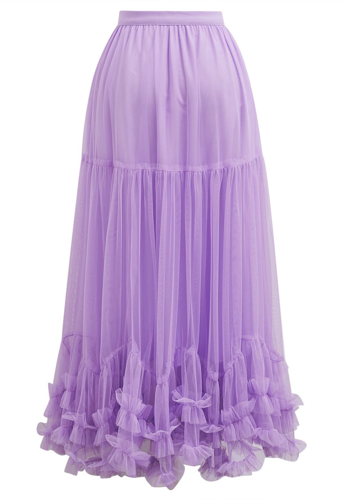 Ruffle Hem Double-Layered Mesh Maxi Skirt in Lilac