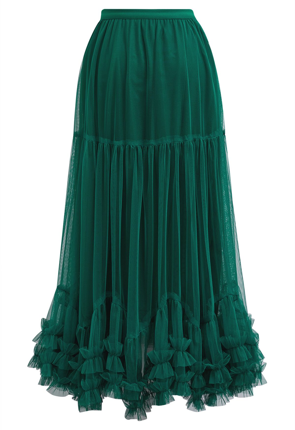 Ruffle Hem Double-Layered Mesh Maxi Skirt in Dark Green