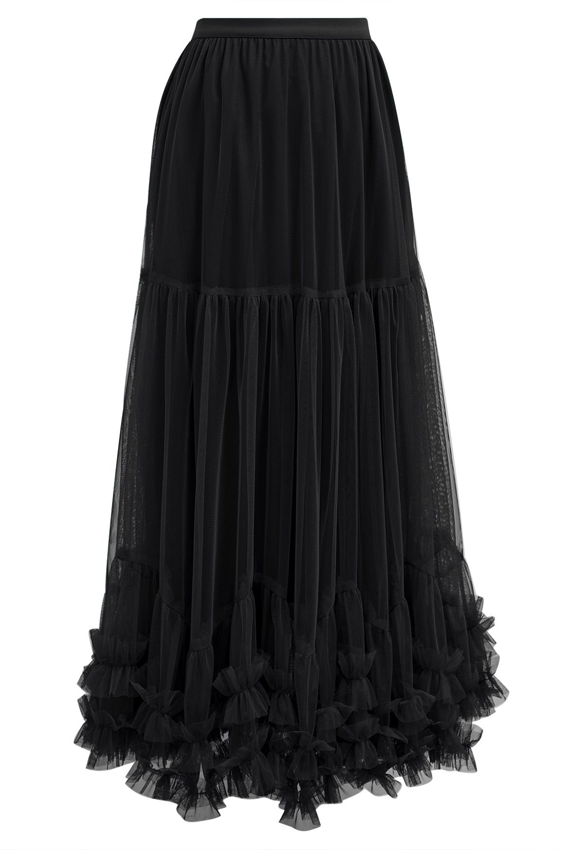 Ruffle Hem Double-Layered Mesh Maxi Skirt in Black