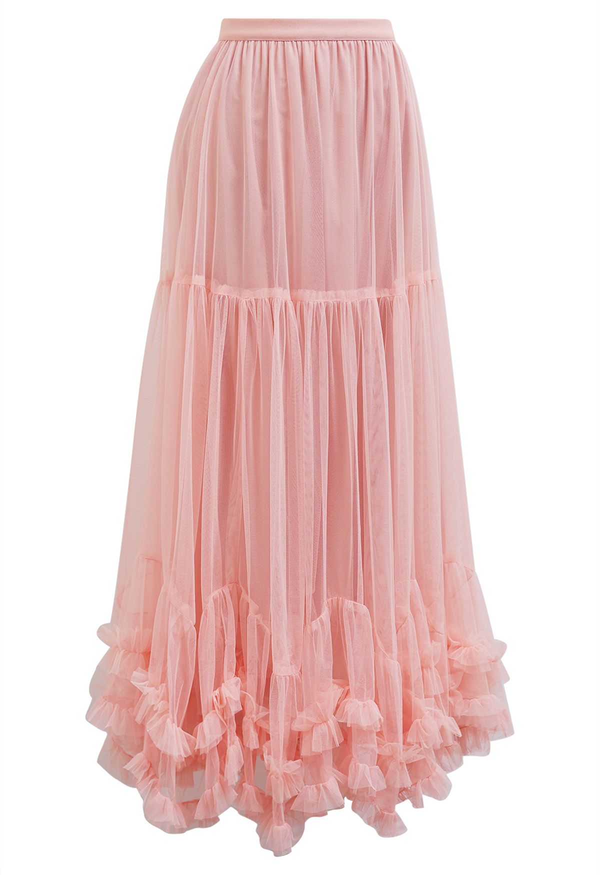 Ruffle Hem Double-Layered Mesh Maxi Skirt in Pink