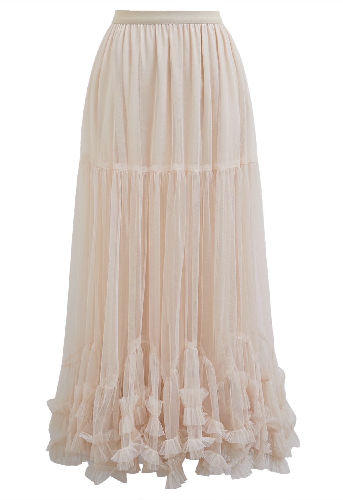 Ruffle Hem Double-Layered Mesh Maxi Skirt in Apricot