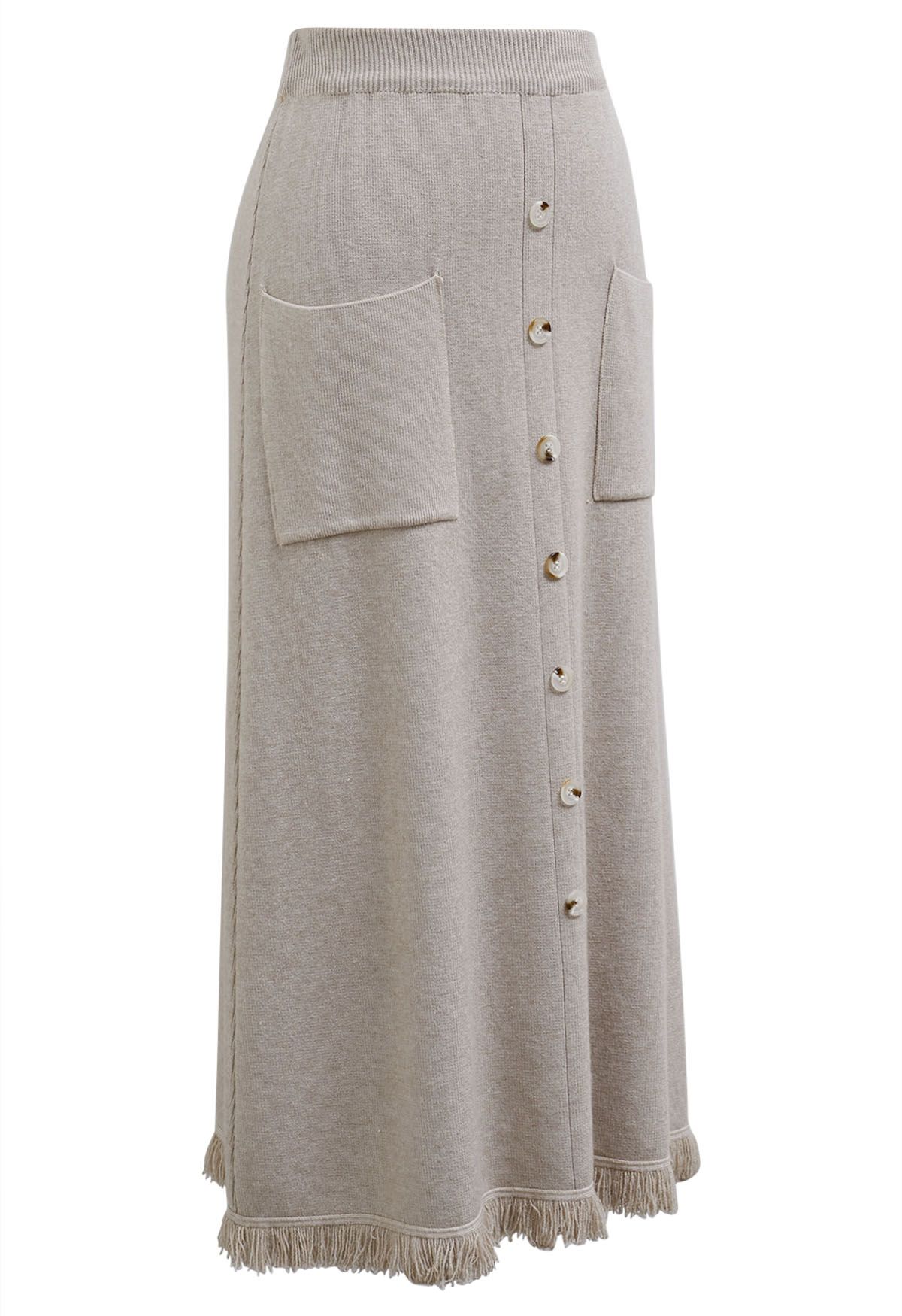 Button Trim Fringe Hem Knit Midi Skirt in Oatmeal