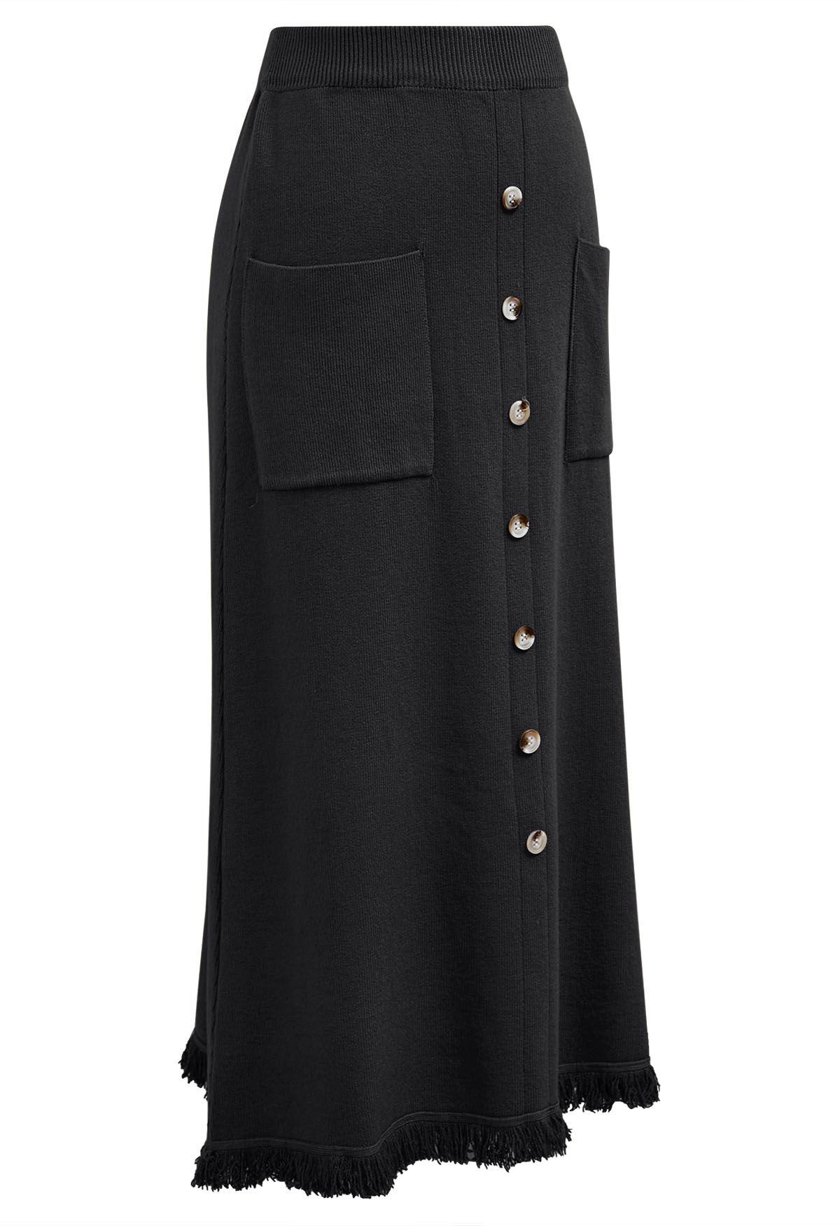 Button Trim Fringe Hem Knit Midi Skirt in Black