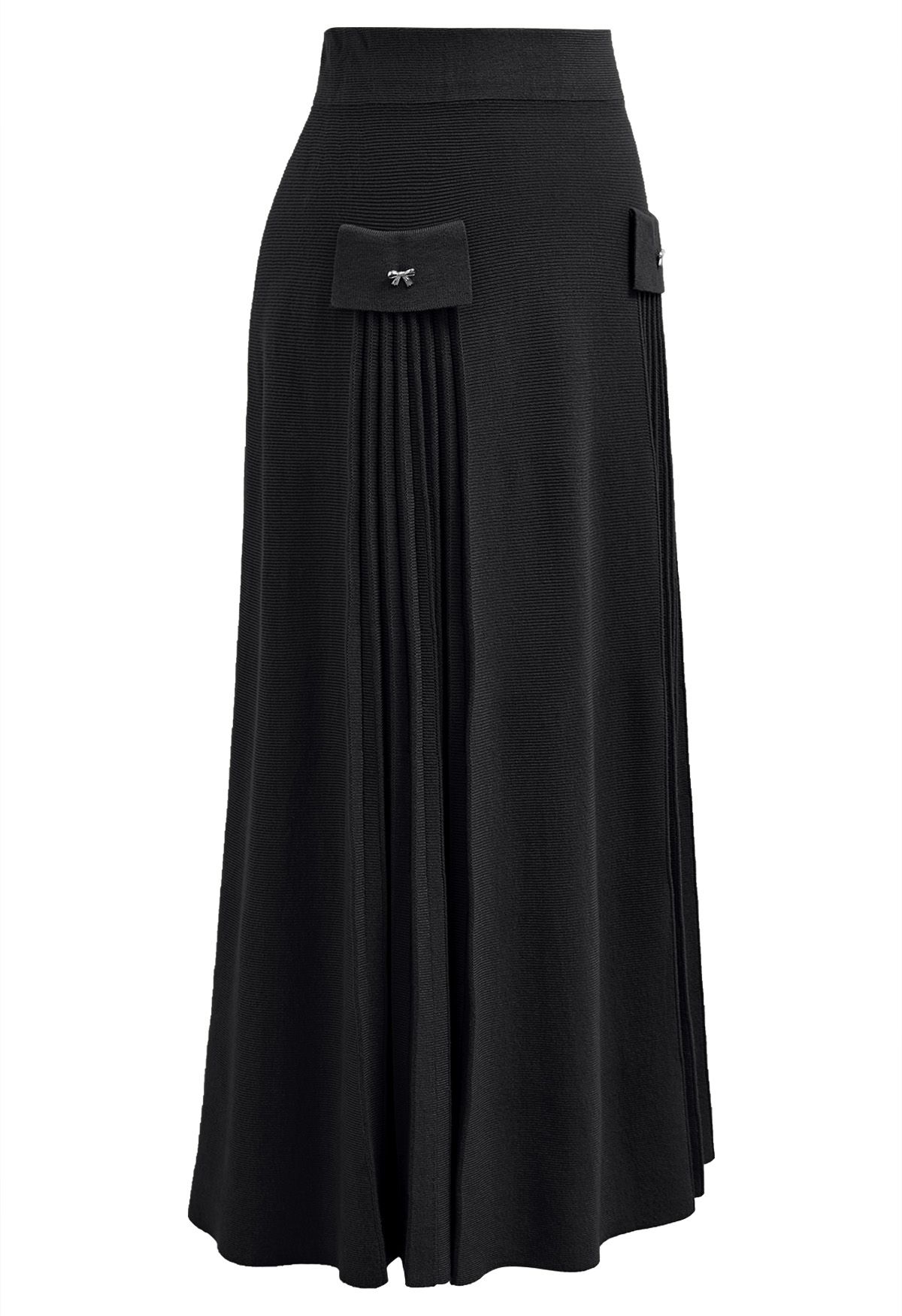 Little Bow Decorated Pleats Knit Maxi Skirt in Black