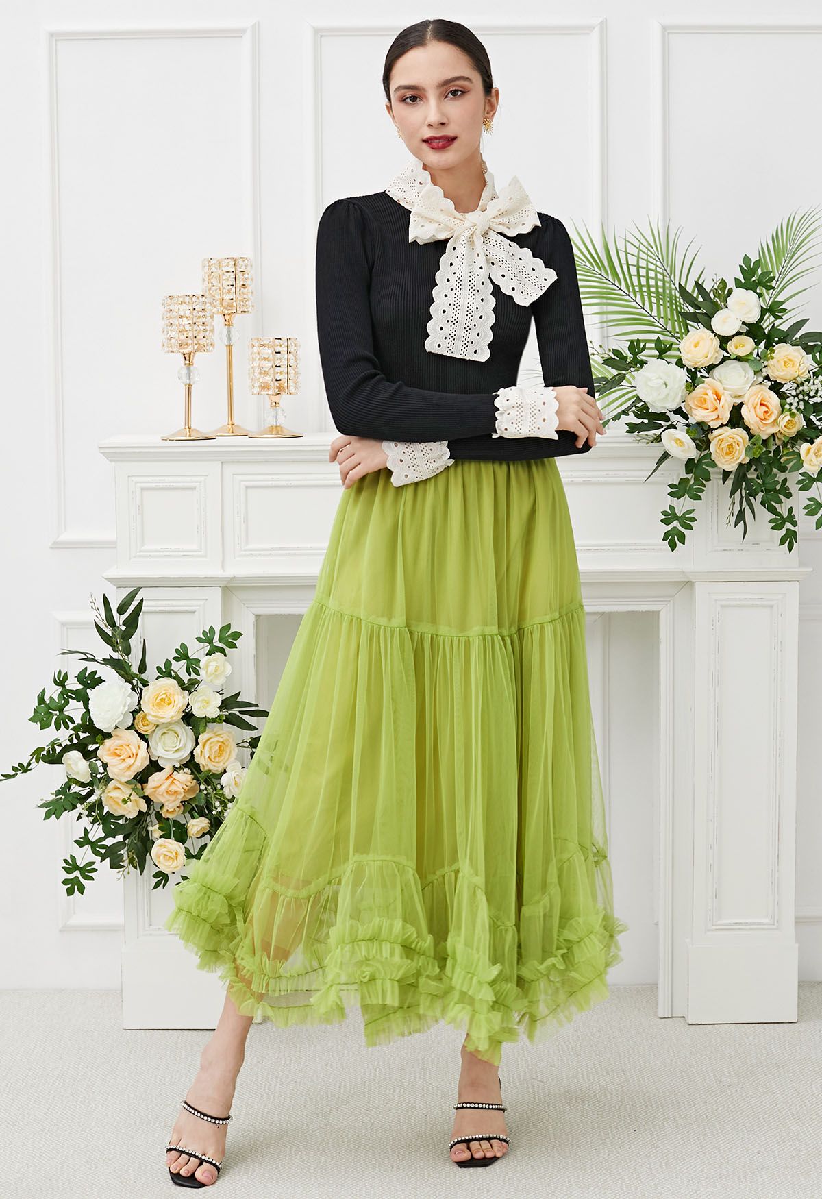 Ruffle Hem Double-Layered Mesh Maxi Skirt in Lime