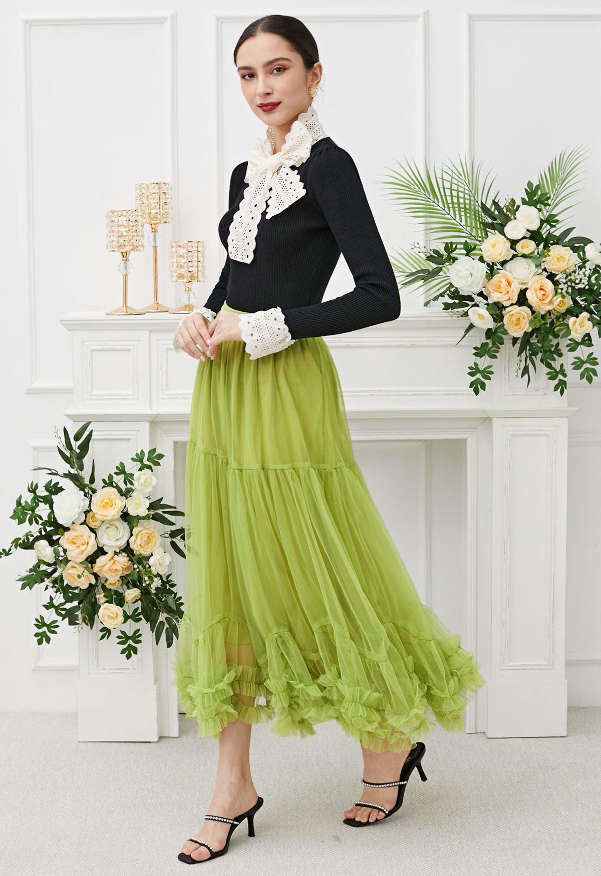 Ruffle Hem Double-Layered Mesh Maxi Skirt in Lime