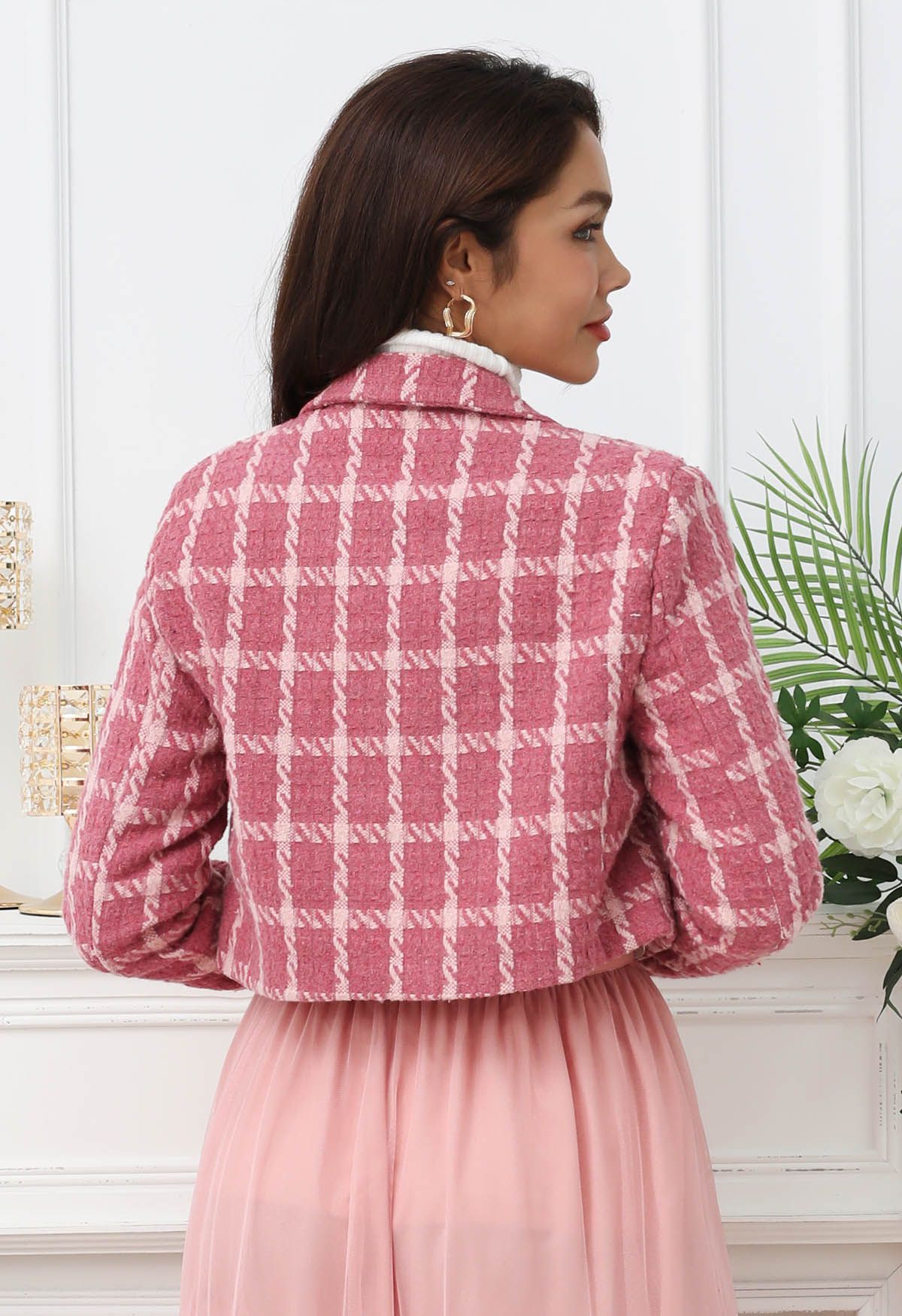 Check Tweed Padded Shoulder Cropped Blazer in Pink