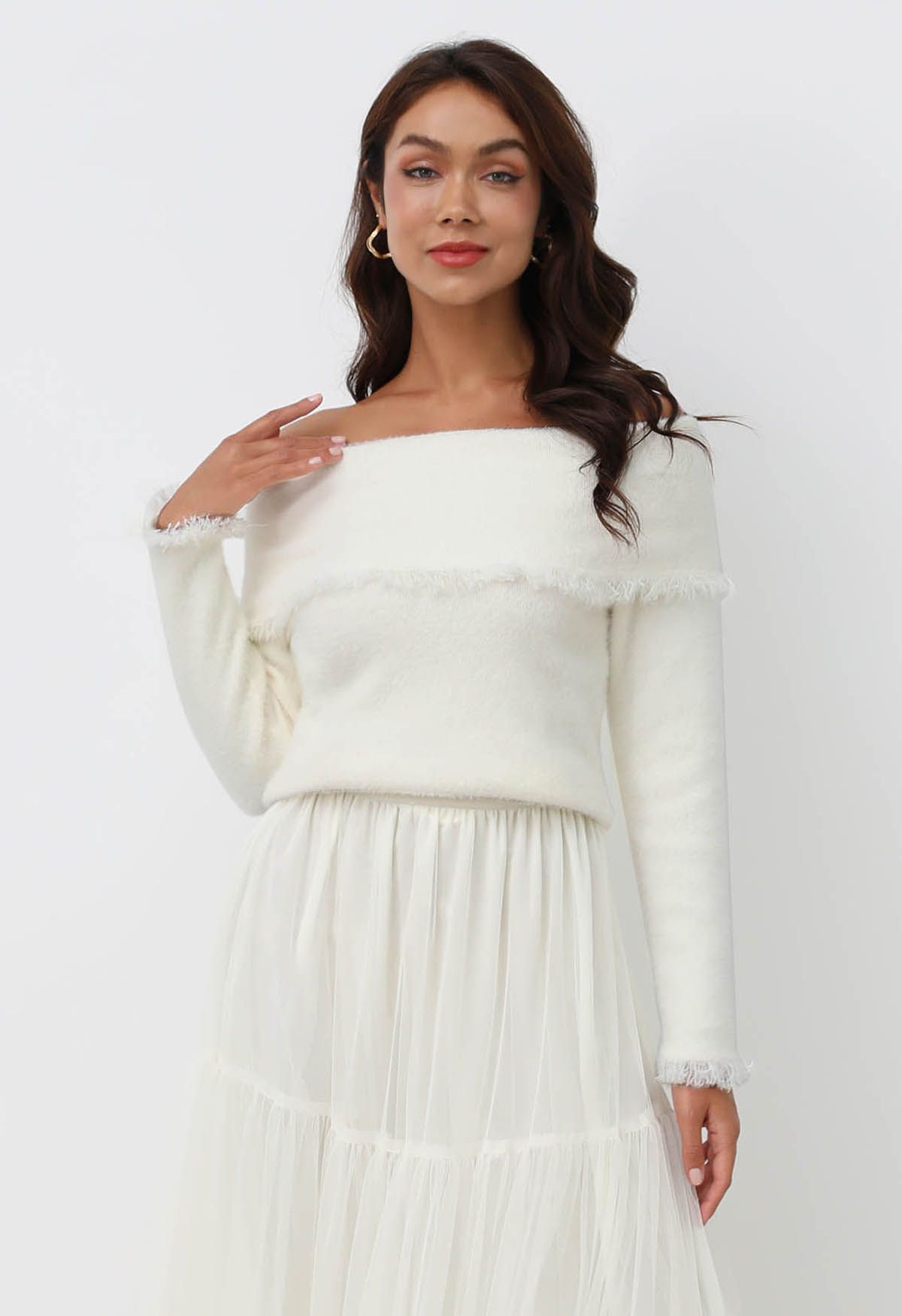 Tassel Folded Off-Shoulder Fuzzy Knit Top in Ivory