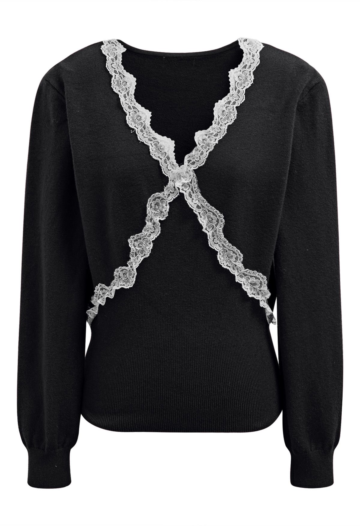 Lace Trim V-Neck Knit Top in Black