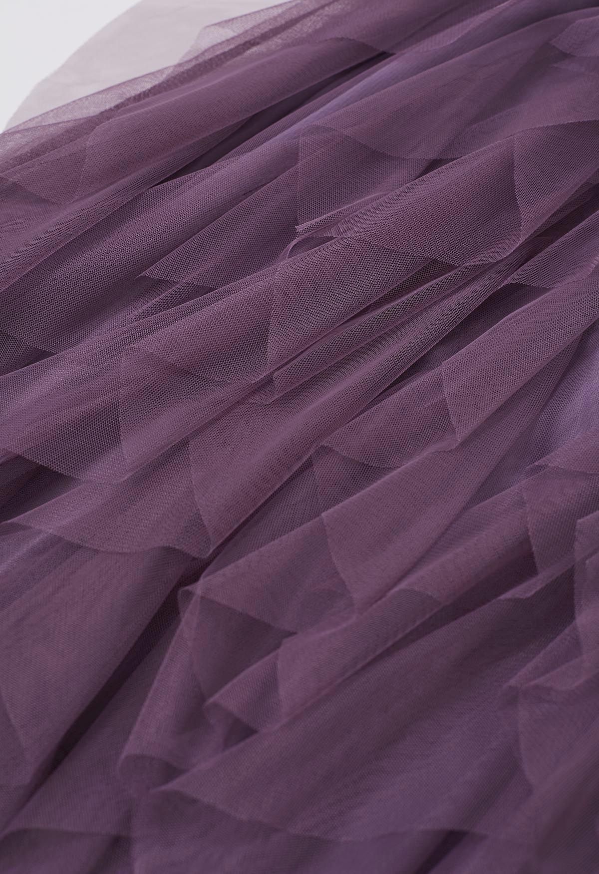 Ruffle Panelled Mesh Tulle Midi Skirt in Purple