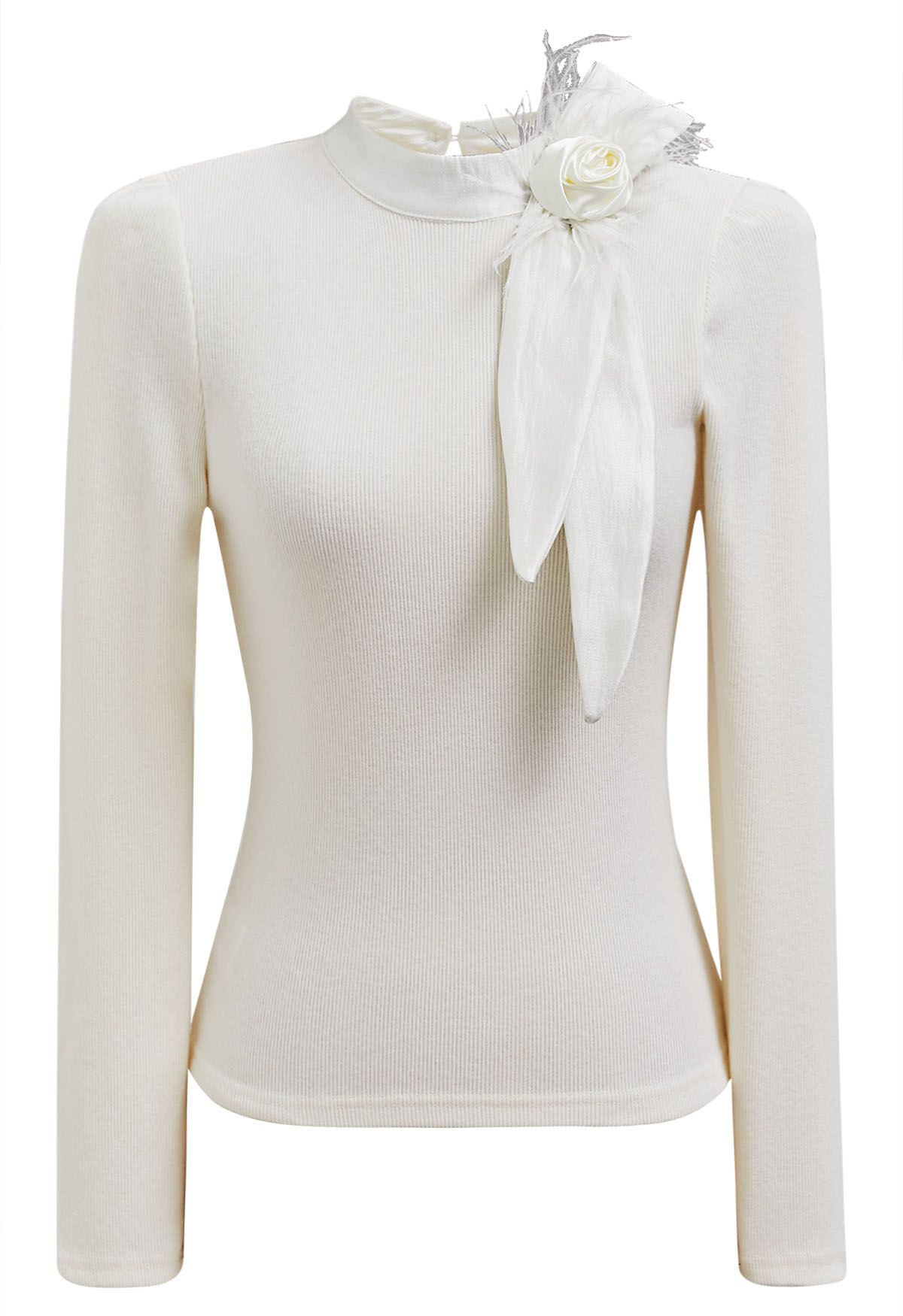 Rose Feather Brooch Ribbed Knit Top in Cream